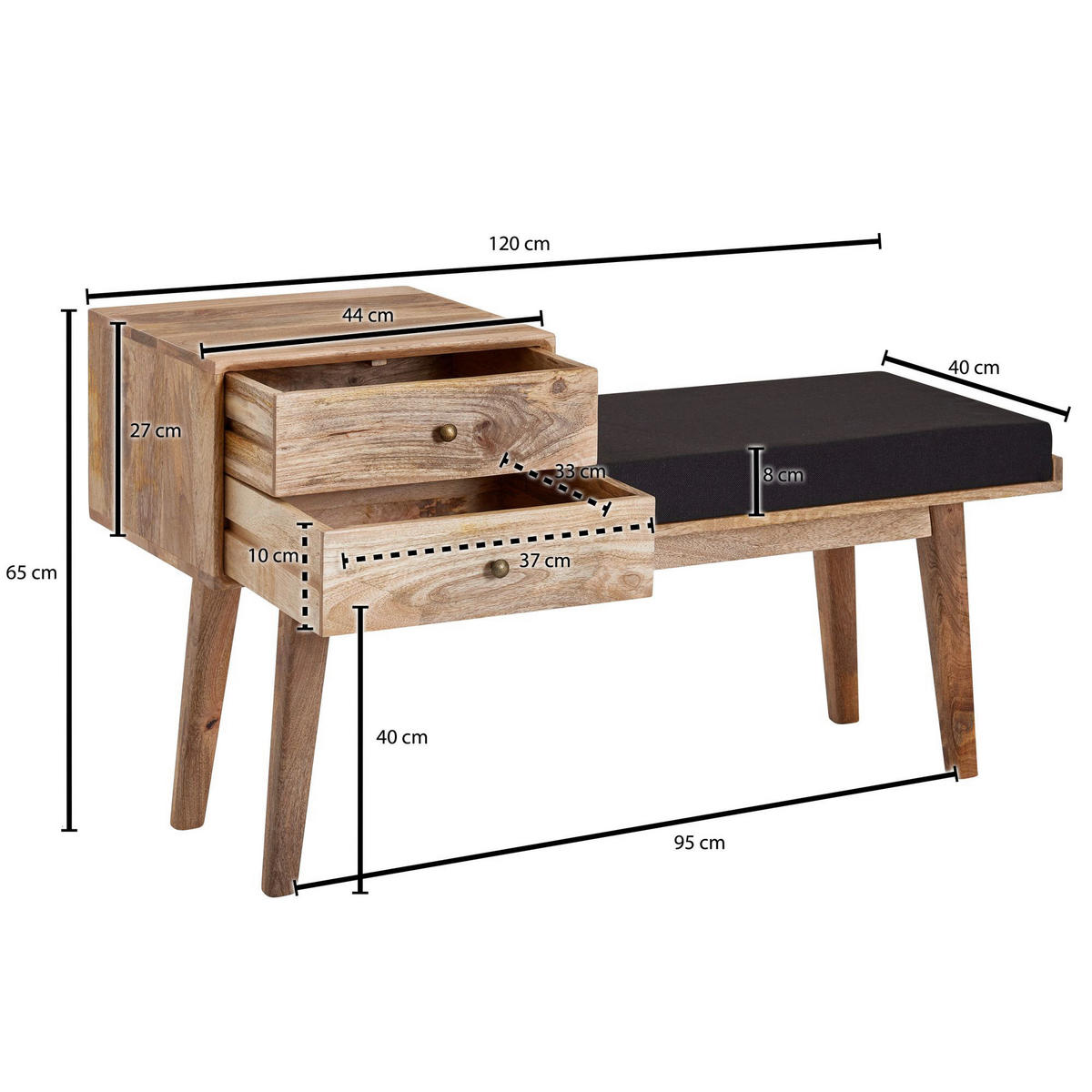 HOCKERBANK in Holz, Textil Schwarz  - Schwarz/Braun, Modern, Holz/Textil (120/65/40cm) - MID.YOU