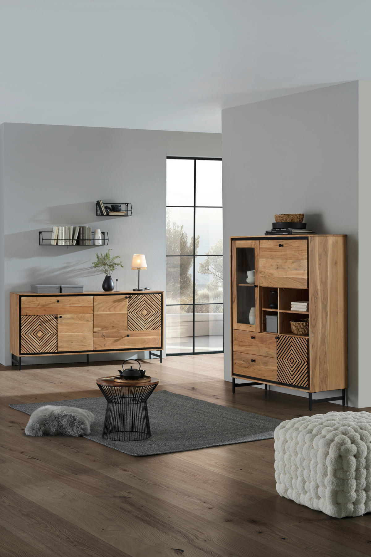 SIDEBOARD Schwarz, Akaziefarben  175/85/42 cm  - Schwarz/Akaziefarben, Design, Holz/Metall (175/85/42cm) - Ambia Home