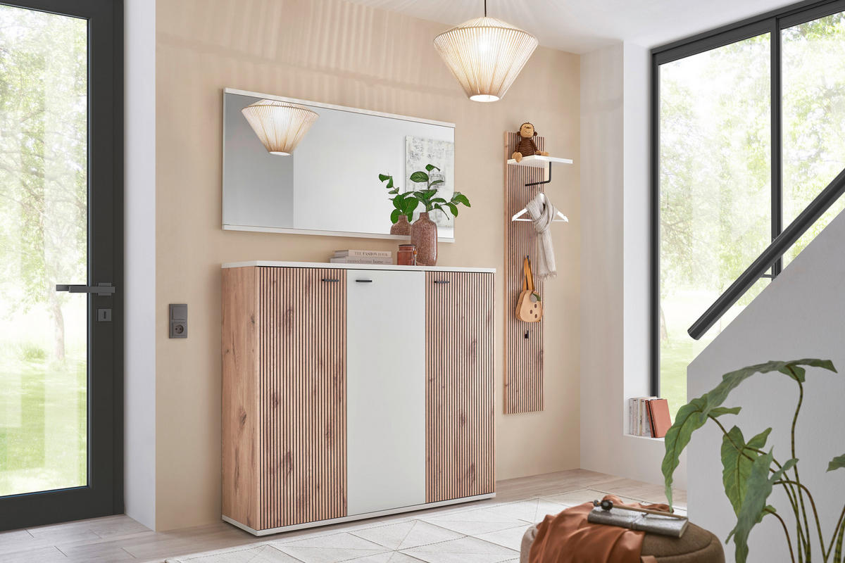 SCHUHSCHRANK 132/118/37 cm  - Weiss/Eichefarben, Design, Holzwerkstoff/Metall (132/118/37cm) - Voleo