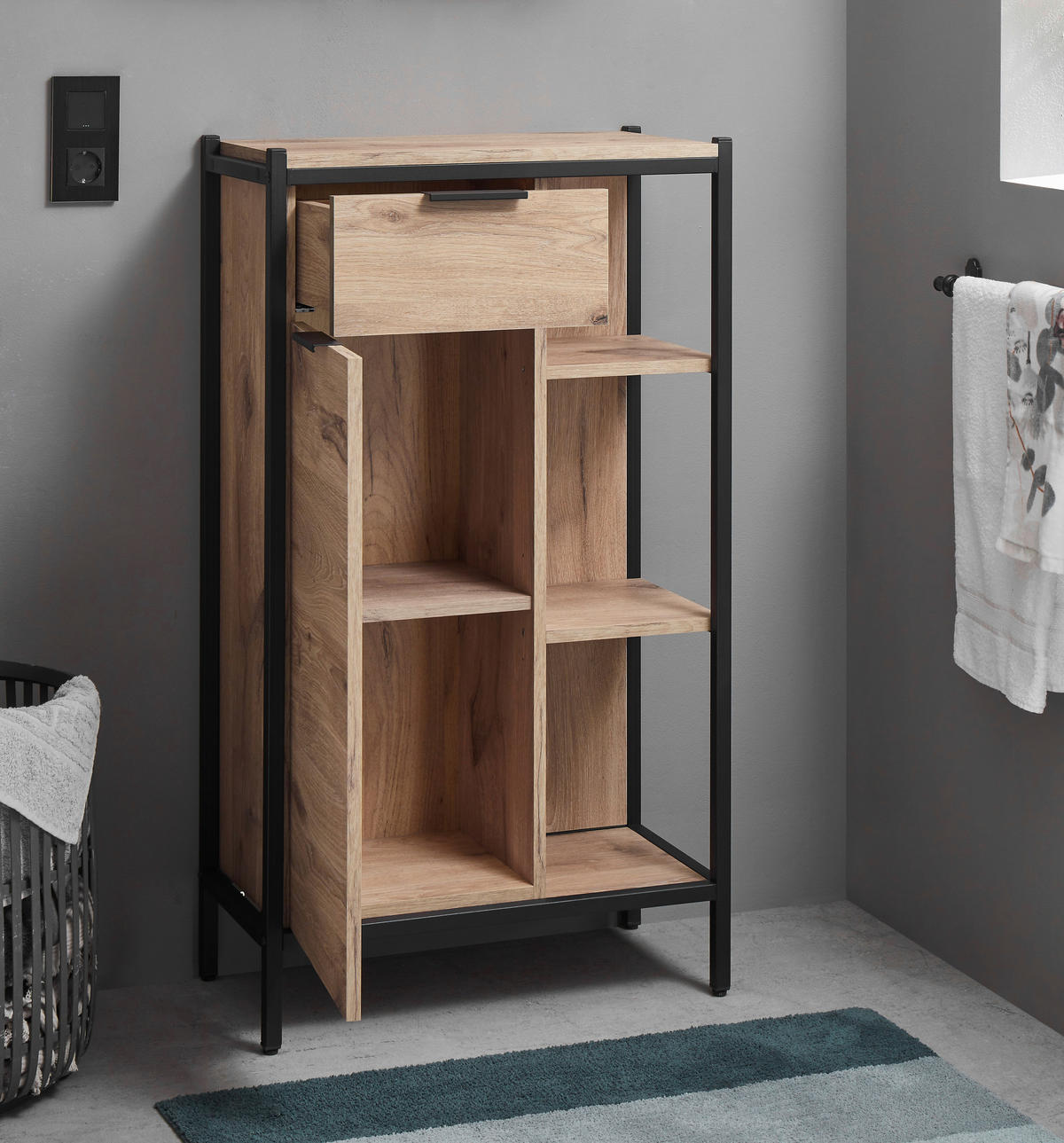 MIDISCHRANK 60/105/30 cm  - Eichefarben/Schwarz, KONVENTIONELL, Holzwerkstoff/Kunststoff (60/105/30cm) - home24