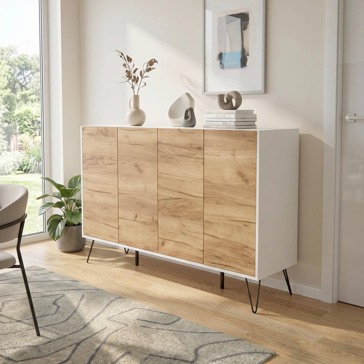 SIDEBOARD Posseik Industrial 155/93,6/42 cm  - Eichefarben/Weiß Hochglanz, Design, Holzwerkstoff/Metall (155/93,6/42cm) - MID.YOU