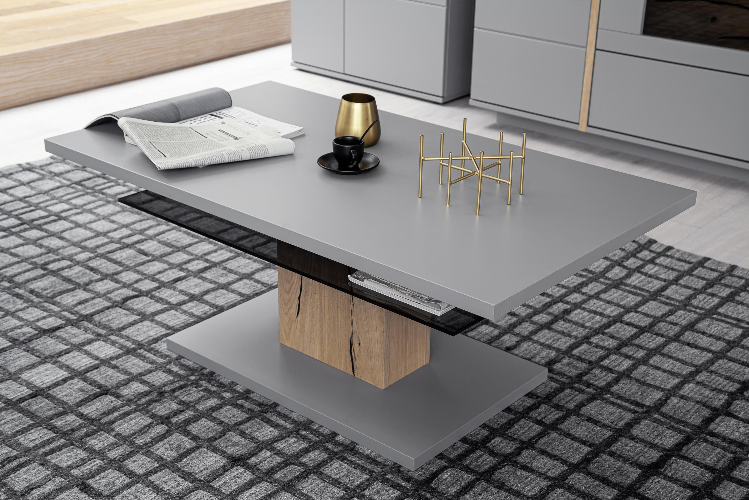 COUCHTISCH in Glas, Holzwerkstoff 115/65/46 cm  - Eichefarben/Grau, Design, Glas/Holzwerkstoff (115/65/46cm) - MID.YOU
