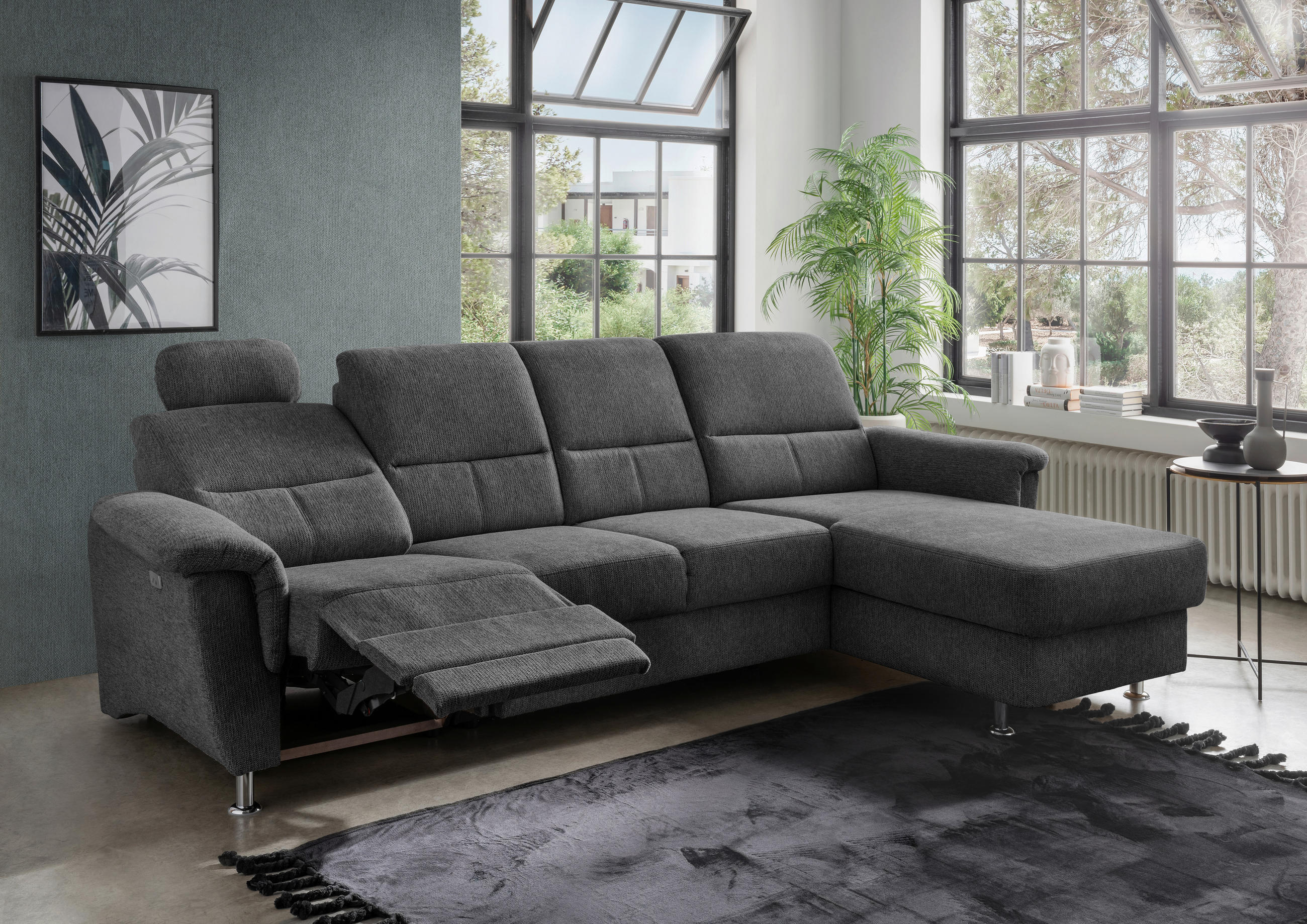 ECKSOFA in Chenille Anthrazit  - Chromfarben/Anthrazit, Konventionell, Textil/Metall (292/165cm) - Livetastic