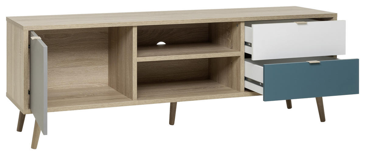 HI-FI STOČIĆ siva, bela, boja hrasta, petrolej plava  - siva/boja hrasta, Trendi, pločasti materijal (150/52/40cm) - Carryhome