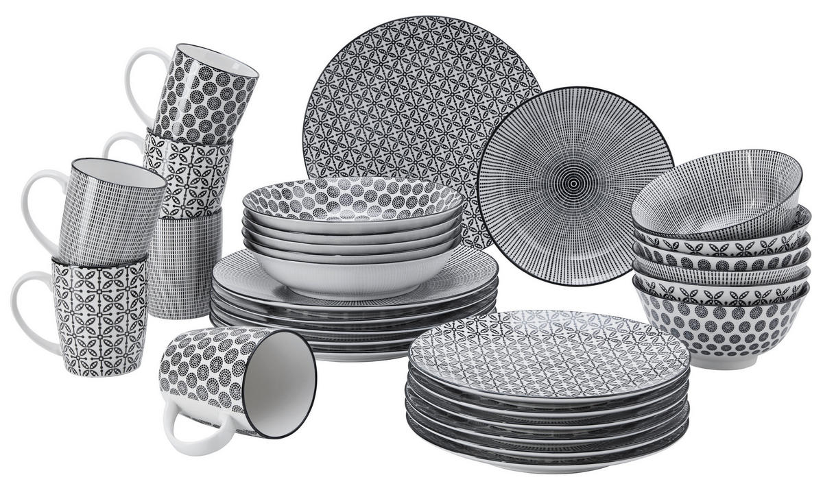 KOMBINOVANÁ SOUPRAVA, 30dílné, porcelán - bílá/černá, Lifestyle, keramika - Ritzenhoff Breker