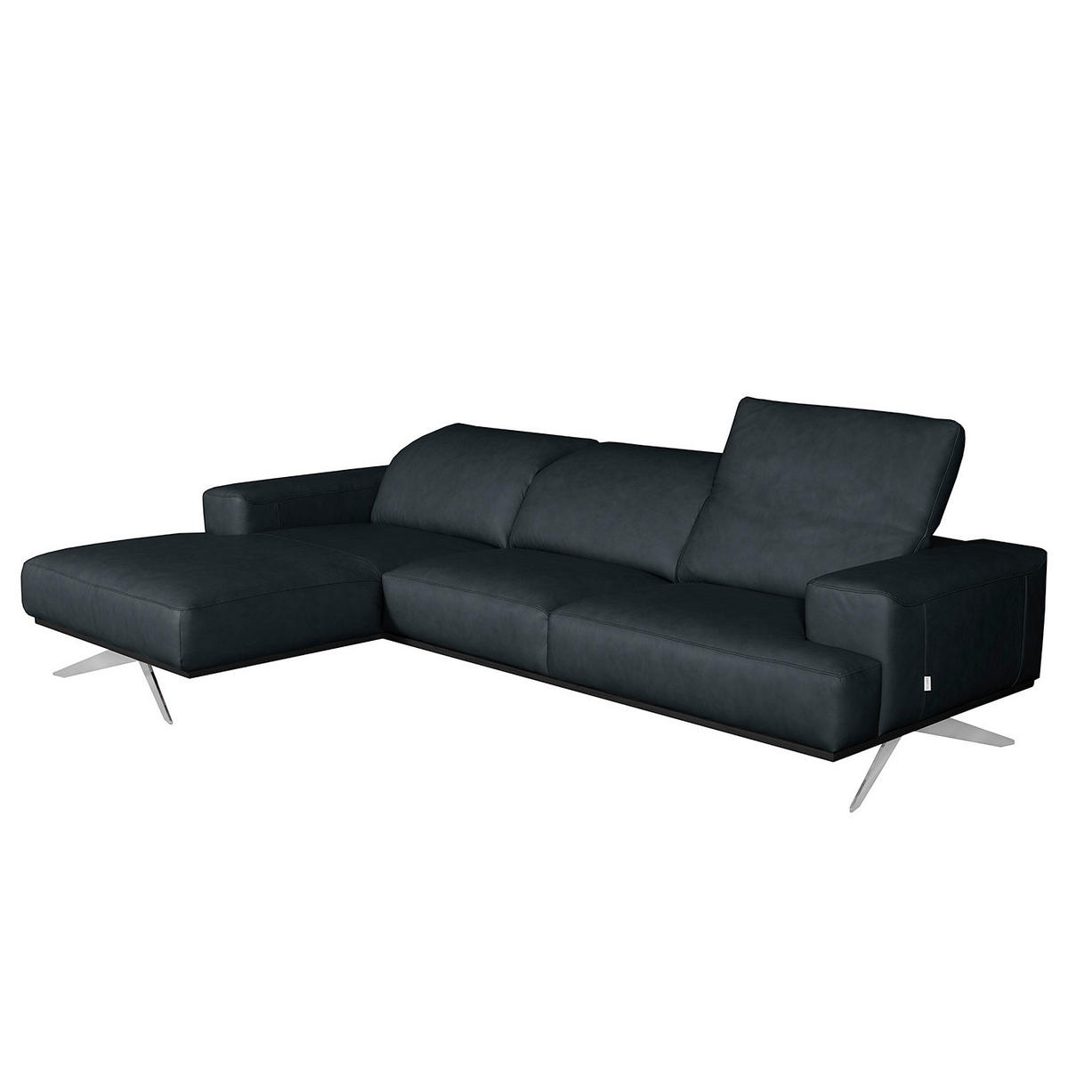 ECKSOFA  in Echtleder Blau Rücken echt, Kopfteilverstellung  187/295 cm  - Chromfarben/Blau, Design, Leder/Metall (187/295cm) - Livetastic