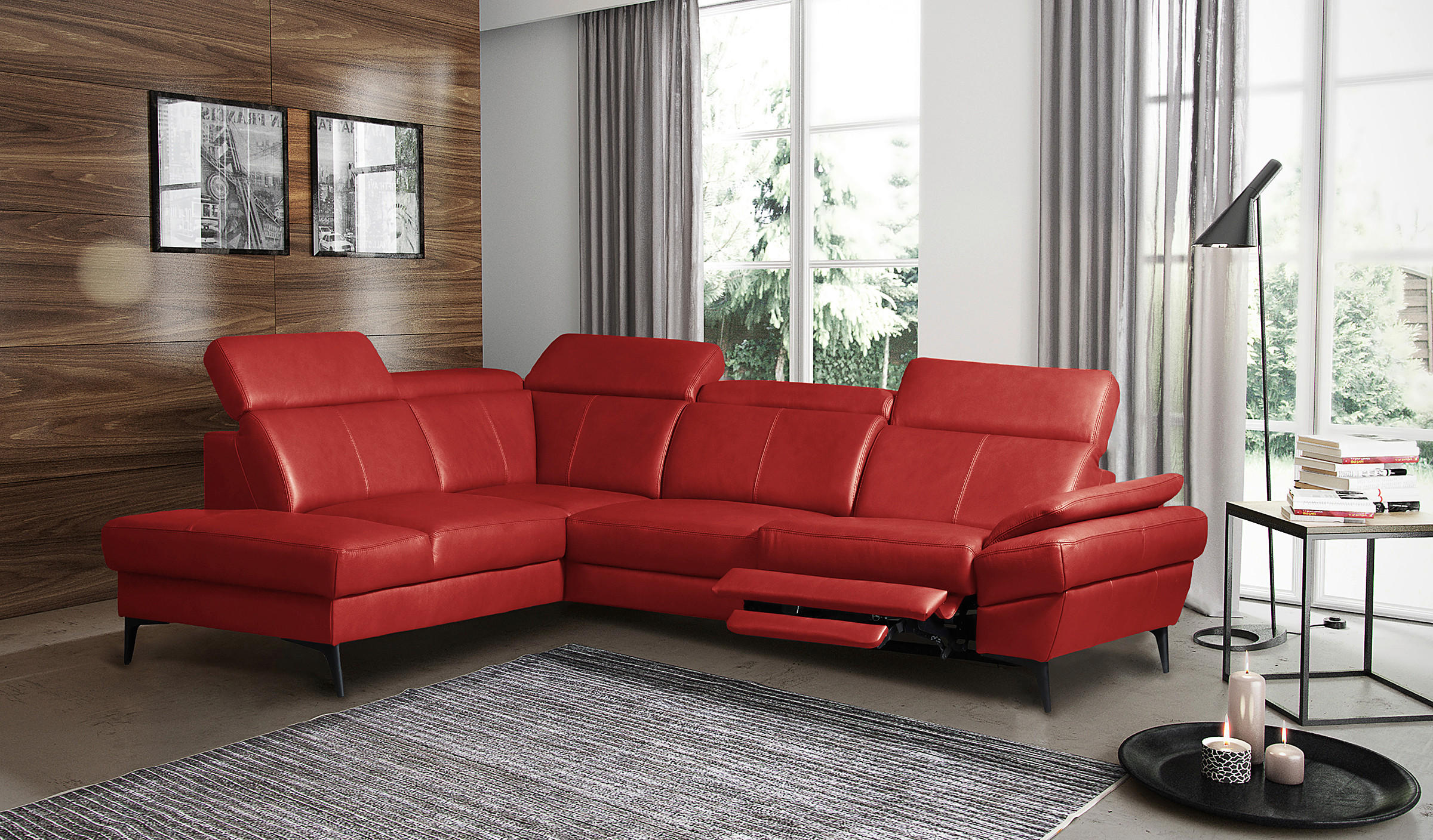ECKSOFA Rot Echtleder Lederlook Bettkasten, Schlaffunktion, Rücken echt, Armteilverstellung, Kopfteilverstellung  - Rot/Schwarz, Design, Leder/Textil (211/264cm) - Livetastic