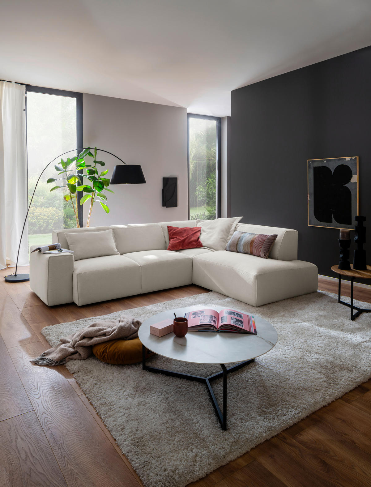 ECKSOFA Weiß Cord  - Schwarz/Weiß, Design, Kunststoff/Textil (270/210cm) - Pure Home Lifestyle