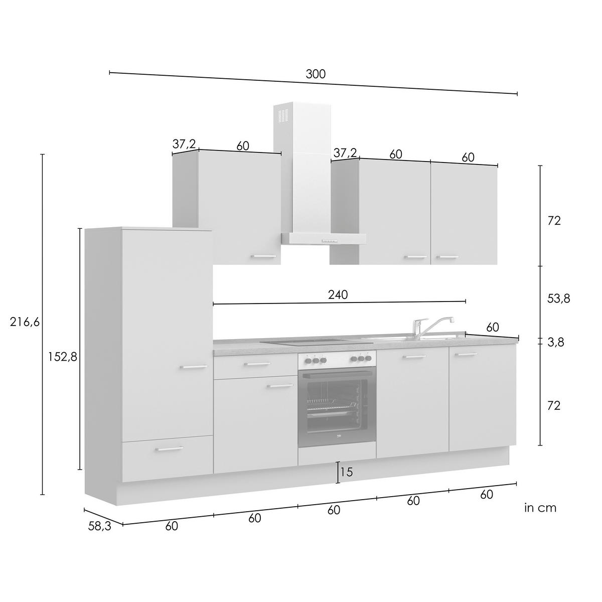 KÜCHENBLOCK Frame 300 cm  in Eichefarben, Blaugrau  - Edelstahlfarben/Eichefarben, MODERN, Holzwerkstoff/Metall (300cm) - Nobilia