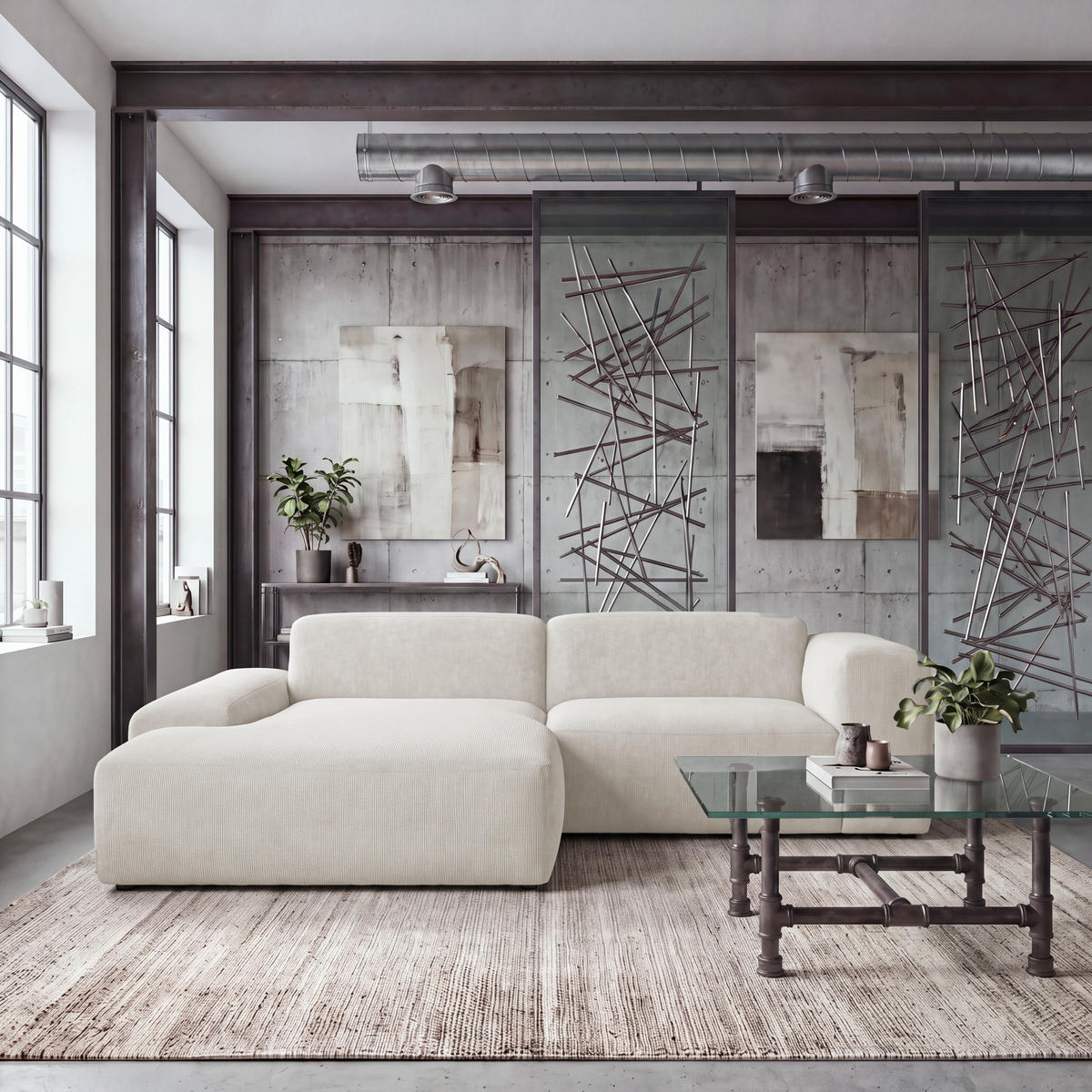 ECKSOFA HANNAH Creme Cord  - Creme/Schwarz, Design, Kunststoff/Textil (170/252cm) - MID.YOU