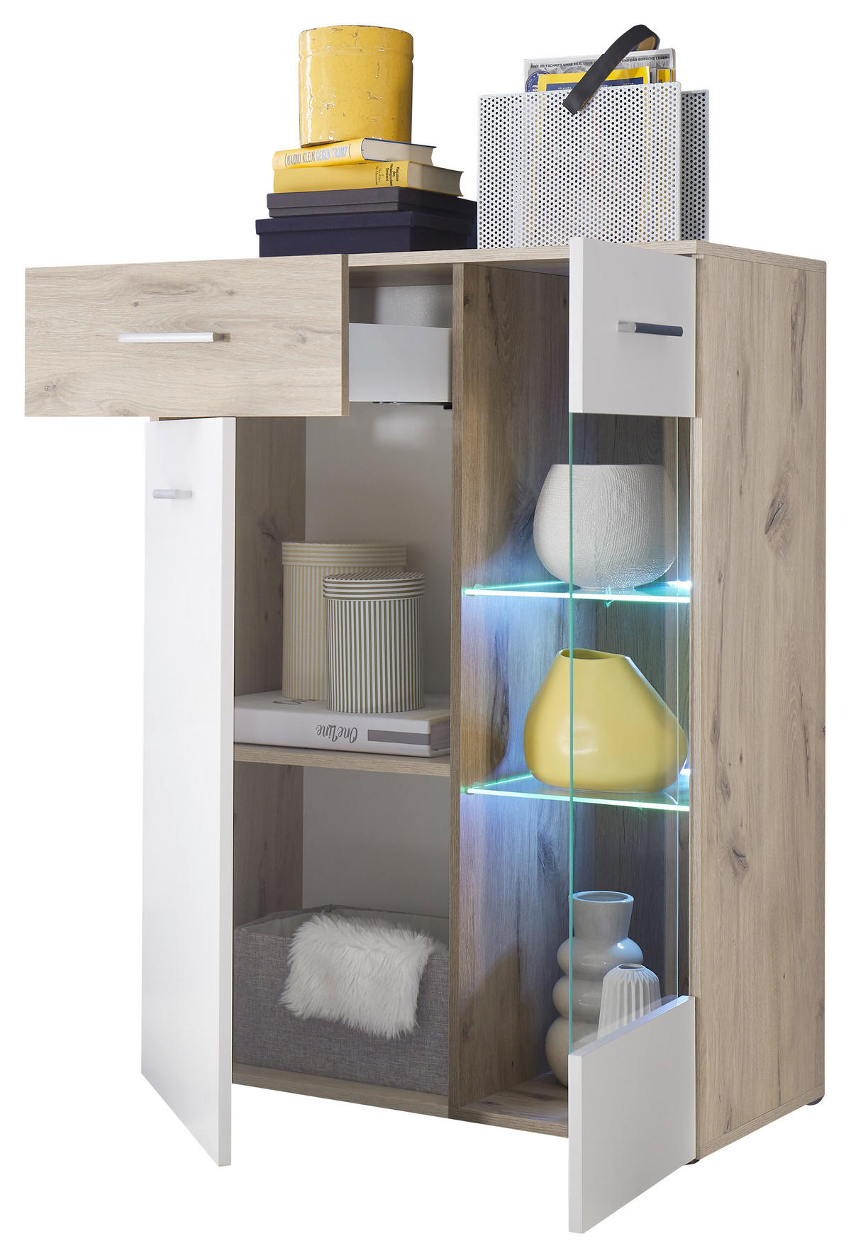 VITRINE  in Weiß, Eichefarben - Eichefarben/Silberfarben, Design, Glas/Holzwerkstoff (85/113/40cm) - MID.YOU