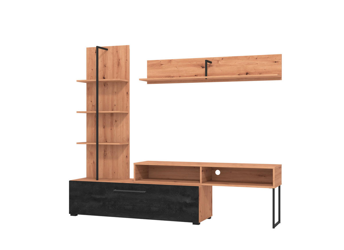 WOHNWAND  in Schwarz, Eiche Artisan  205,5/173/41,5 cm  - Schwarz/Eiche Artisan, KONVENTIONELL, Holzwerkstoff/Kunststoff (205,5/173/41,5cm) - Carryhome