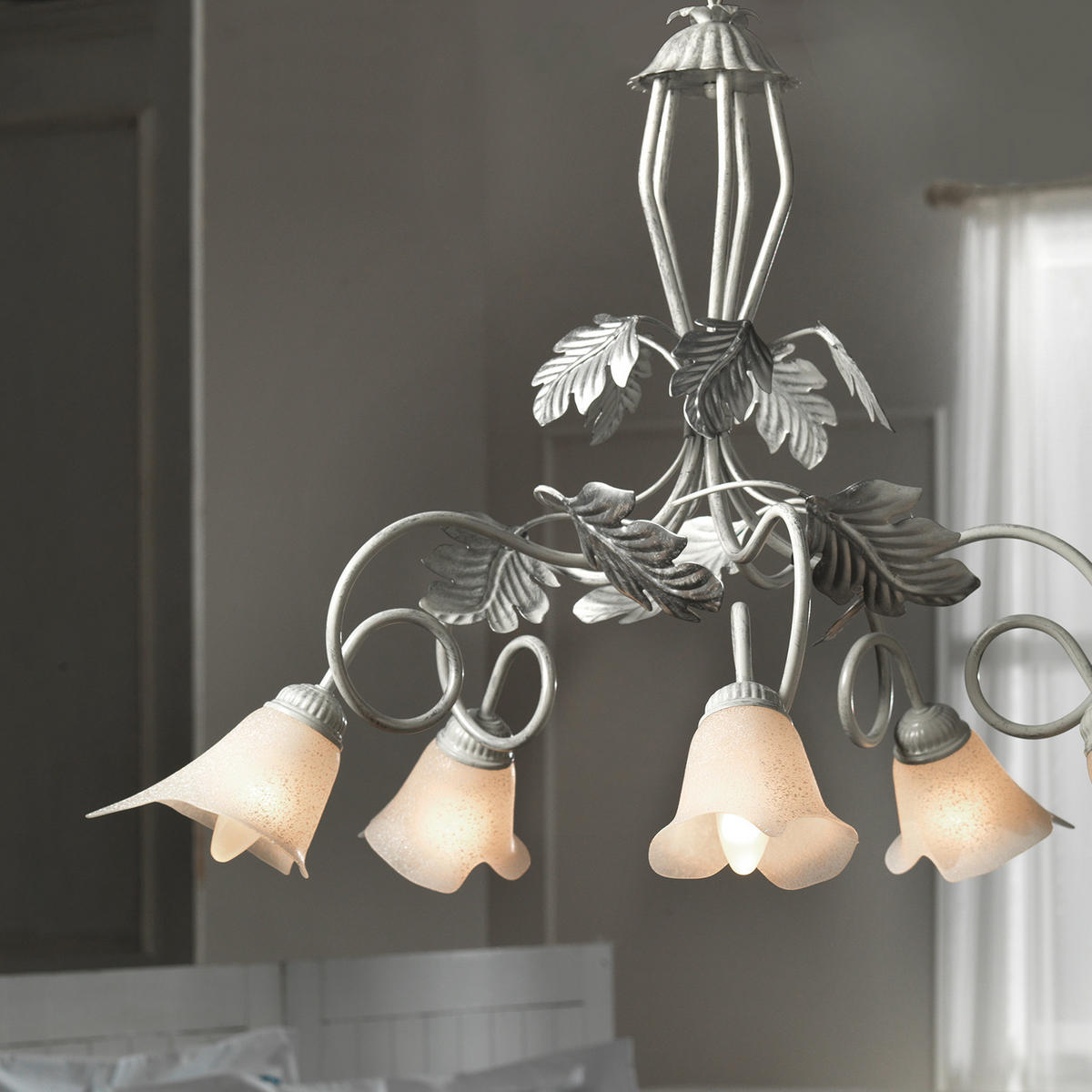 KRONLEUCHTER 90/130 cm   - Silberfarben/Weiß, KONVENTIONELL, Glas/Metall (90/130cm)
