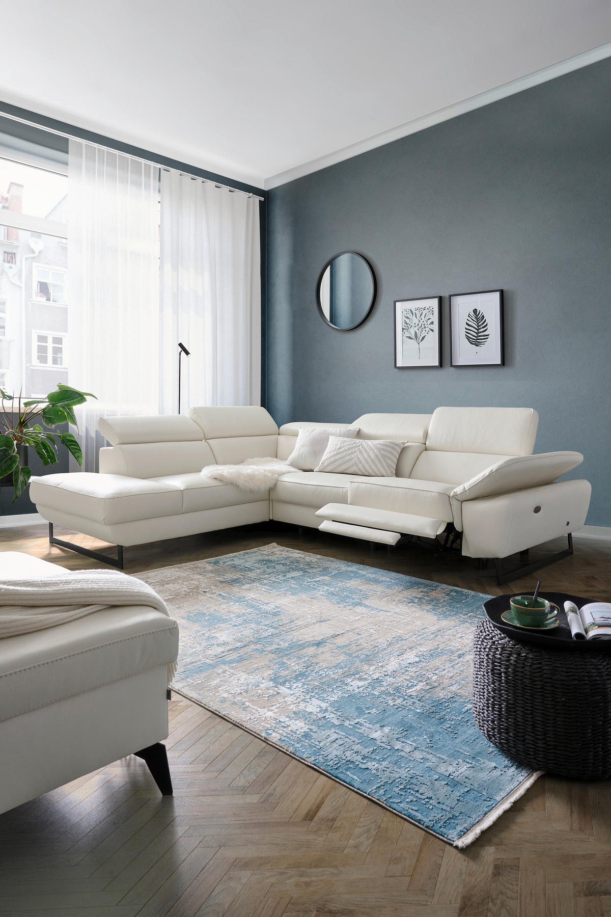 ECKSOFA in Echtleder Weiss  - Weiss/Schwarz, Modern, Leder/Metall (225/281cm) - Celina Home