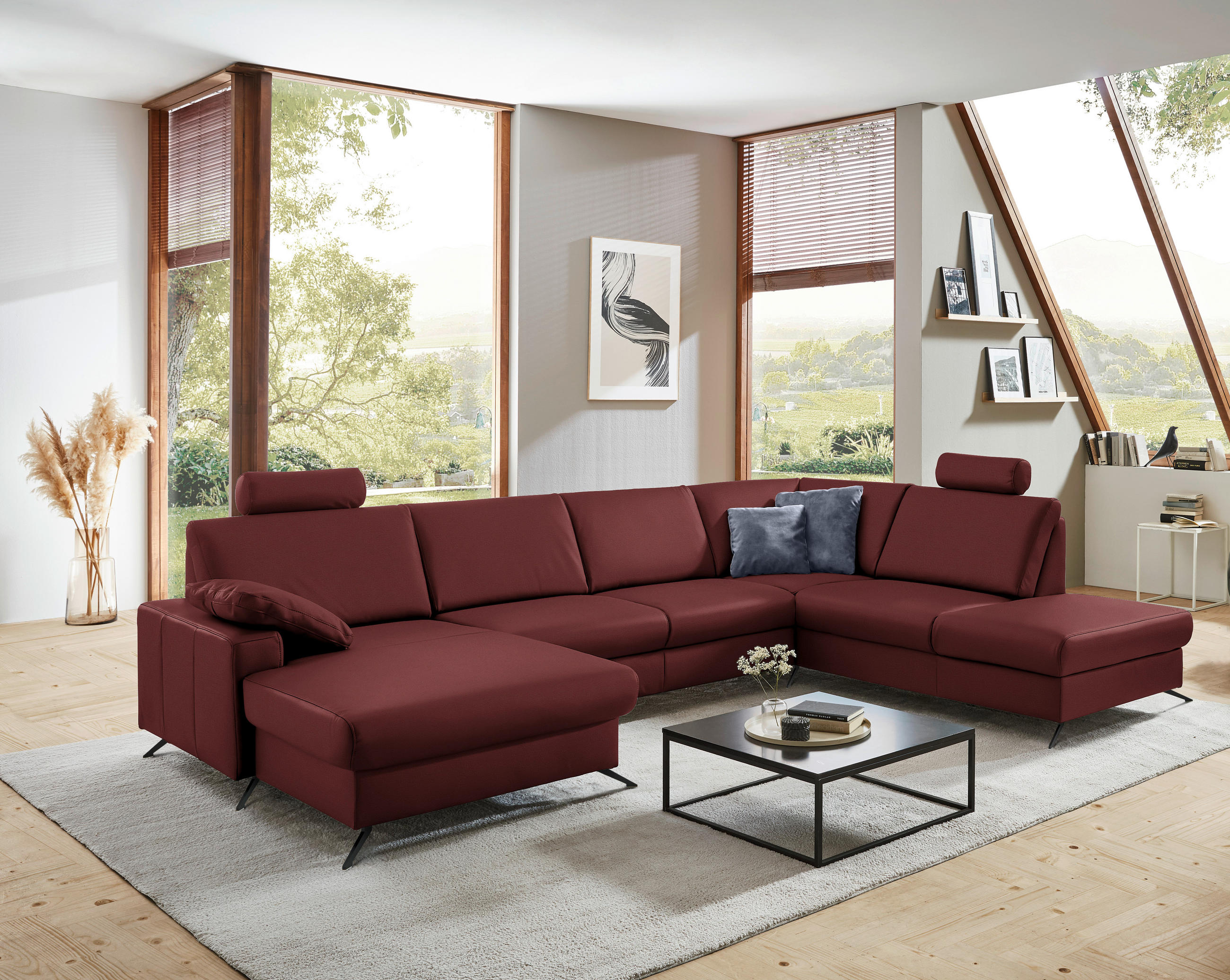 WOHNLANDSCHAFT in Echtleder Brombeere  - Brombeere/Schwarz, Design, Leder/Metall (165/339/233cm) - Beldomo Premium