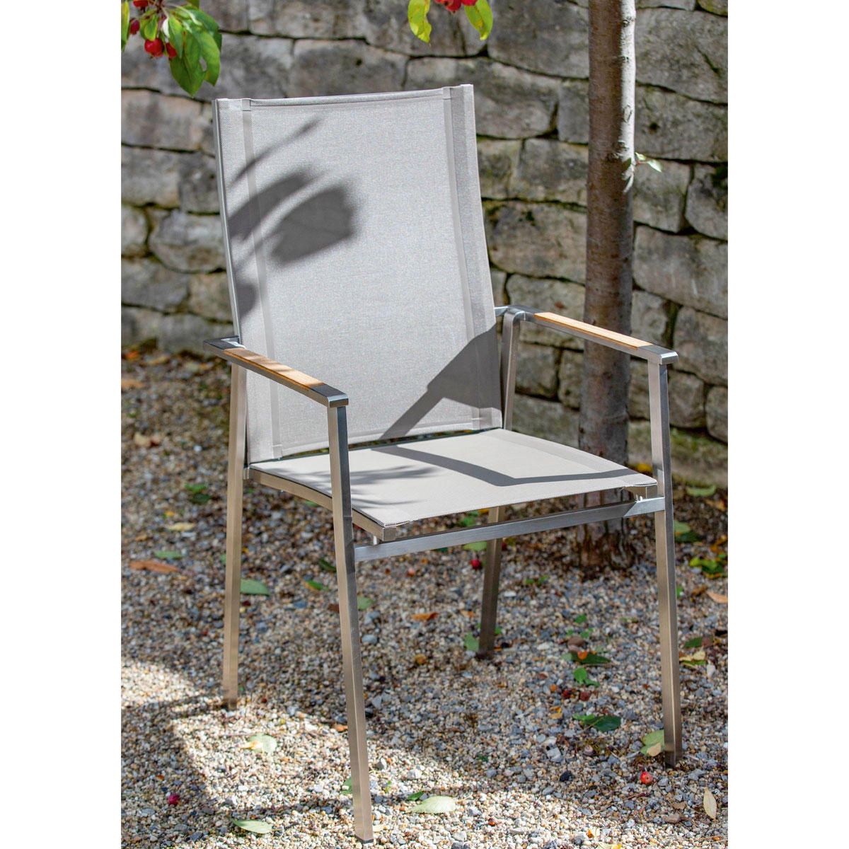 STAPELSESSEL Teakholz Edelstahl Taupe, Edelstahlfarben, Teakfarben  - Taupe/Edelstahlfarben, Design, Holz/Textil (57/100/62,5cm)