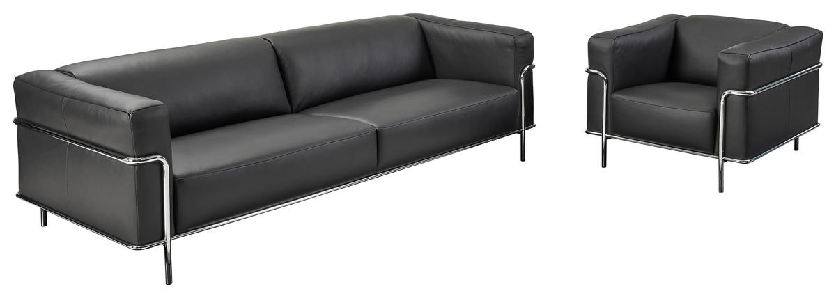 3-SITZER-SOFA Echtleder Schwarz  - Chromfarben/Schwarz, Design, Leder/Metall (236/67/96cm) - Johann Jakob