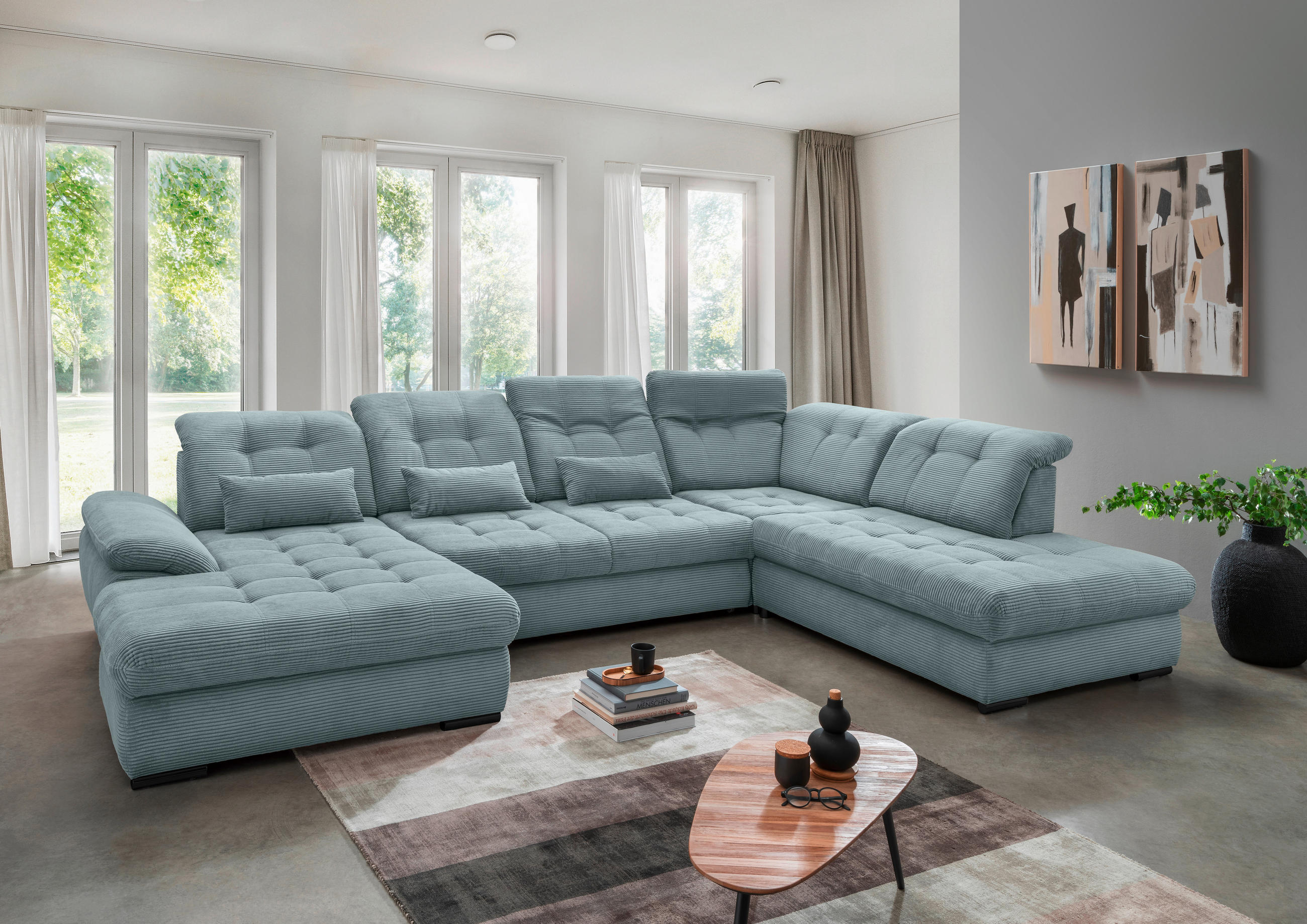 WOHNLANDSCHAFT Hellblau Cord - Schwarz/Hellblau, MODERN, Textil/Metall (184/387/252cm) - Livetastic