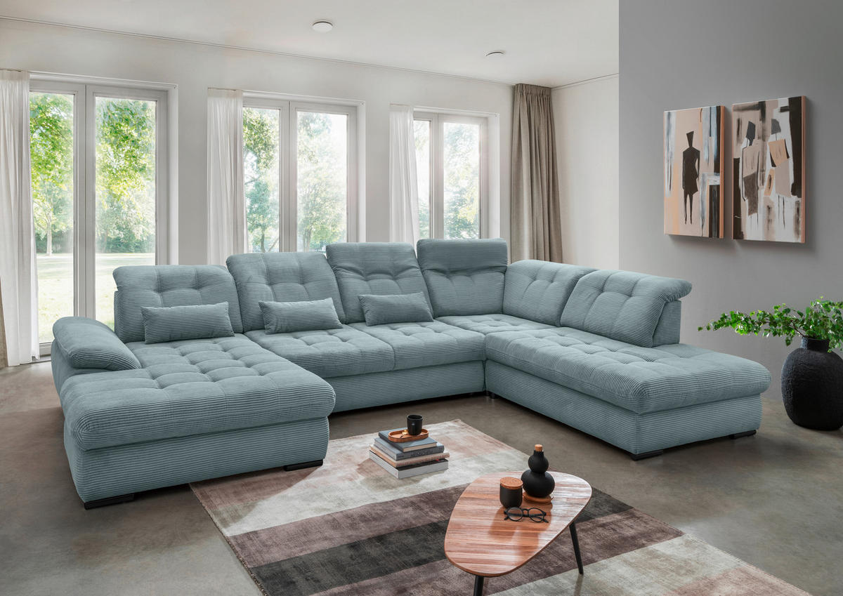 WOHNLANDSCHAFT in Cord Hellblau  - Schwarz/Hellblau, Modern, Textil/Metall (184/387/252cm) - Livetastic