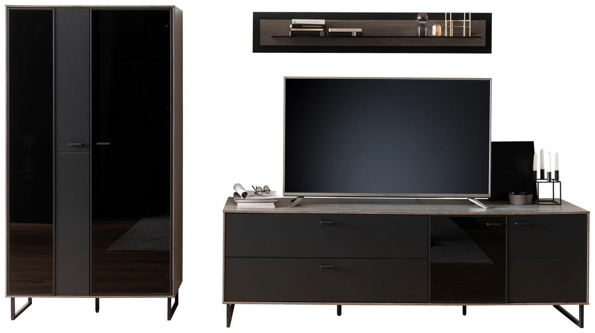 WOHNWAND  in Schwarz, Eichefarben  321/185/50 cm  - Eichefarben/Anthrazit, Design, Glas/Holz (321/185/50cm) - MID.YOU