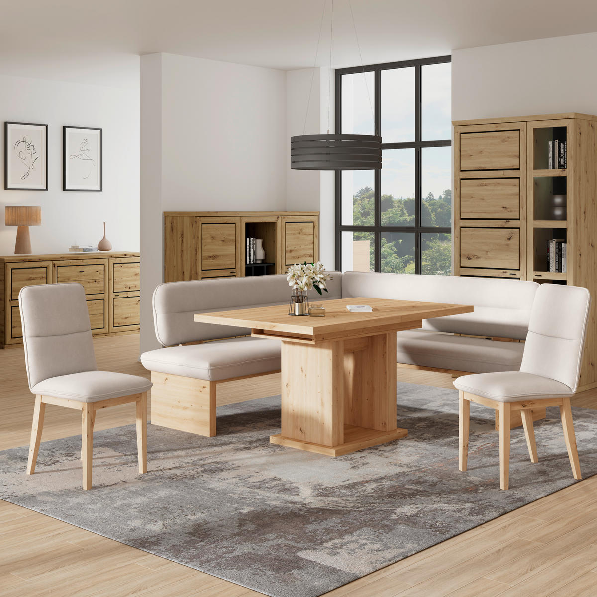 ECKBANK 192/170 cm Webstoff Beige Eiche Sperrholz   - Eichefarben/Beige, KONVENTIONELL, Holz/Textil (192/170cm) - Livetastic