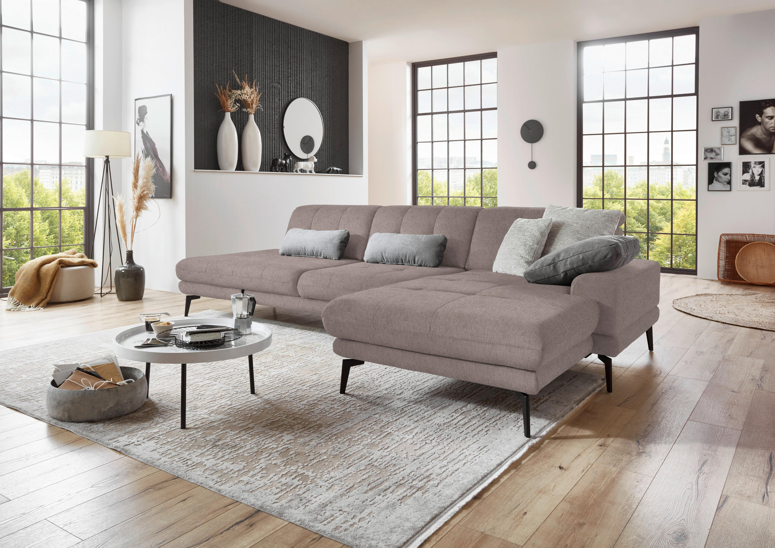ECKSOFA in Flachgewebe Silberfarben  - Silberfarben/Schwarz, Design, Textil/Metall (309/190cm) - Beldomo Style