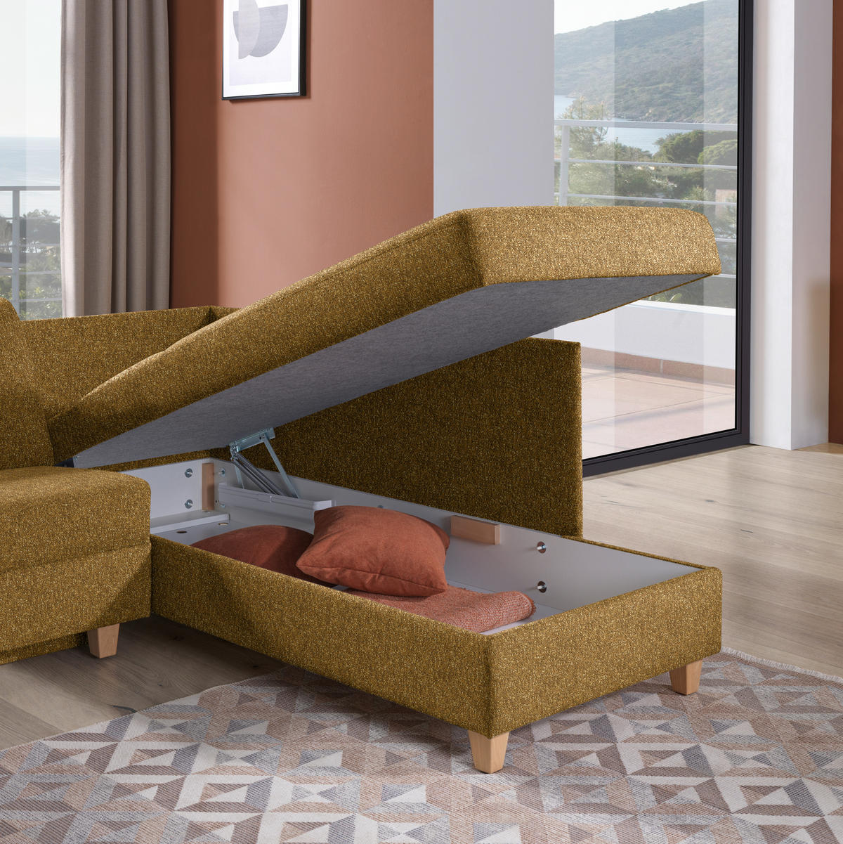 ECKSOFA  in Mikrovelours Senfgelb  261/203 cm  - Eichefarben/Senfgelb, KONVENTIONELL, Holz/Textil (261/203cm) - Sedda