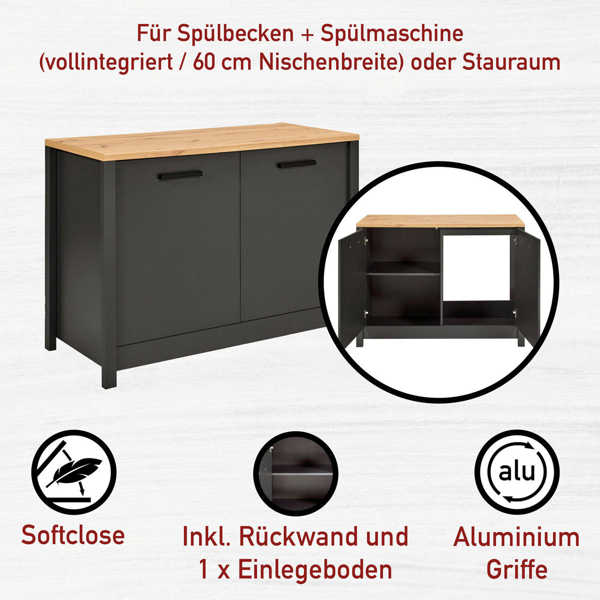 SPÜLENUNTERSCHRANK 130,3/92/60 cm  in Anthrazit, Eiche Artisan  - Anthrazit/Schwarz, MODERN, Holzwerkstoff/Metall (130,3/92/60cm) - home24