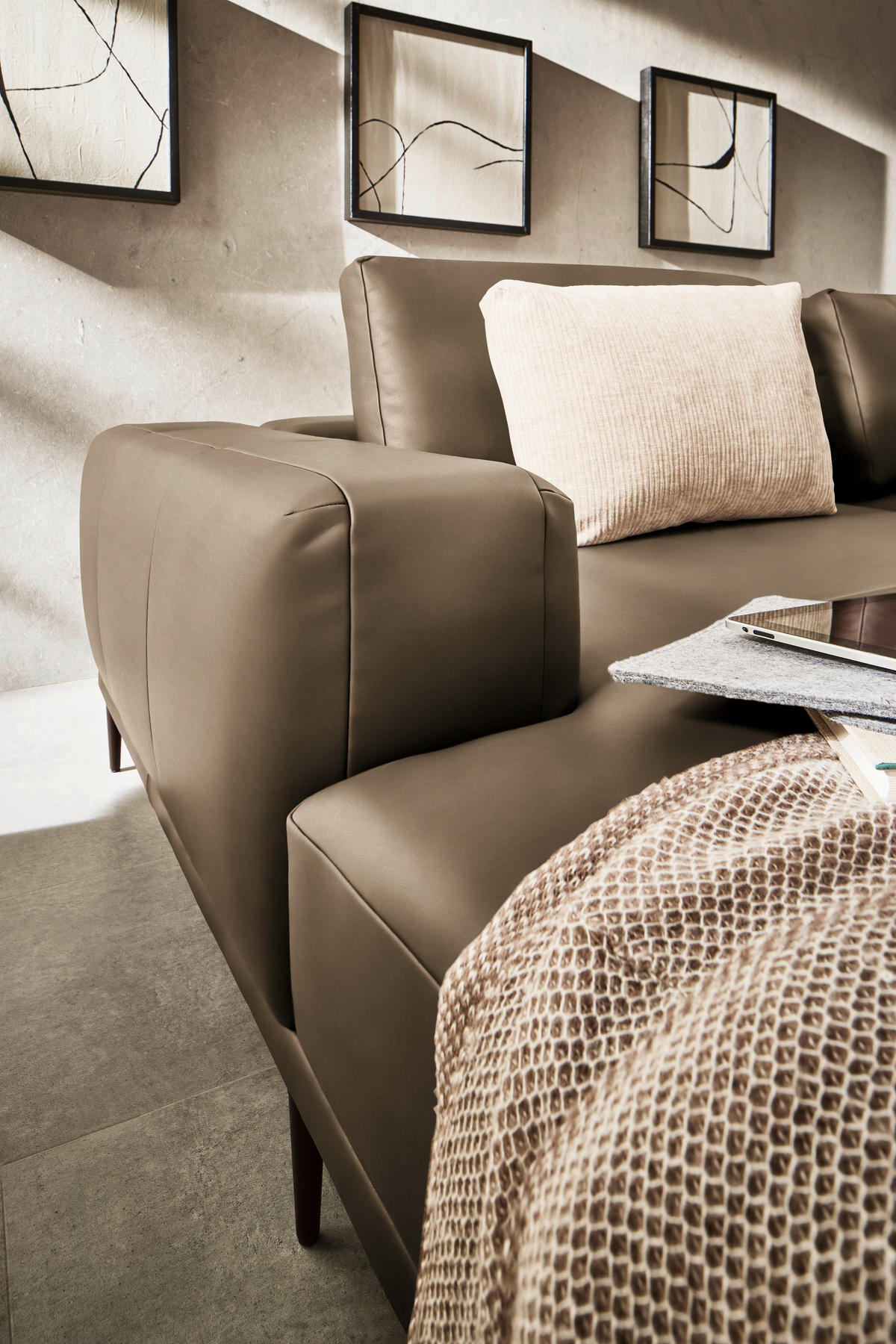 ECKSOFA  in Echtleder Cappuccino  201/304 cm  - Schwarz/Cappuccino, Design, Leder/Metall (201/304cm) - Belluti