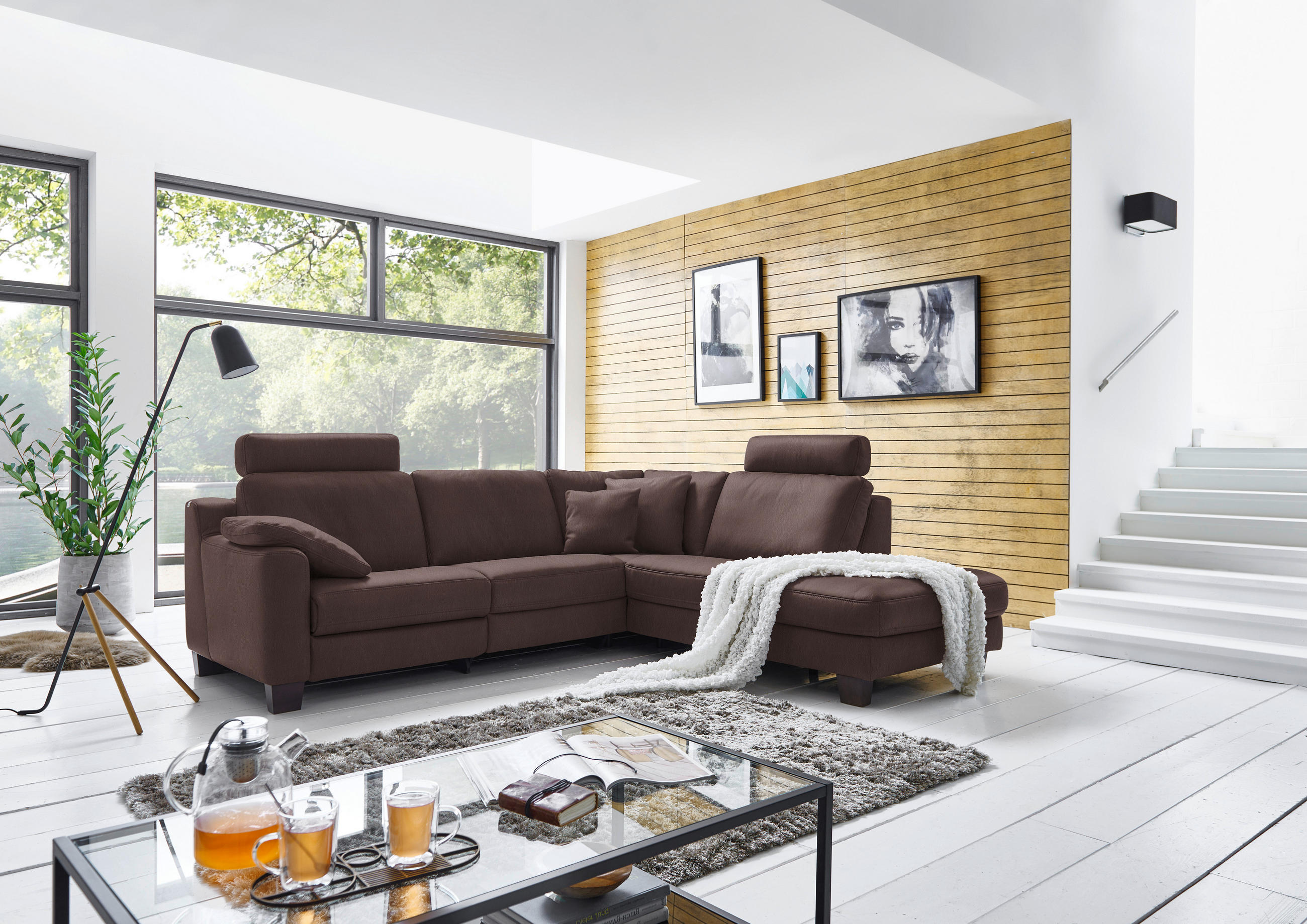 ECKSOFA in Echtleder Dunkelbraun  - Eichefarben/Dunkelbraun, Design, Leder/Holz (259/235cm) - Valdera