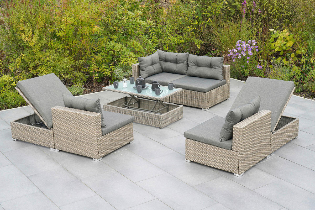 LOUNGEGARNITUR 7-teilig   Stahl  - Naturfarben/Grau, MODERN, Glas/Kunststoff - Gardenson