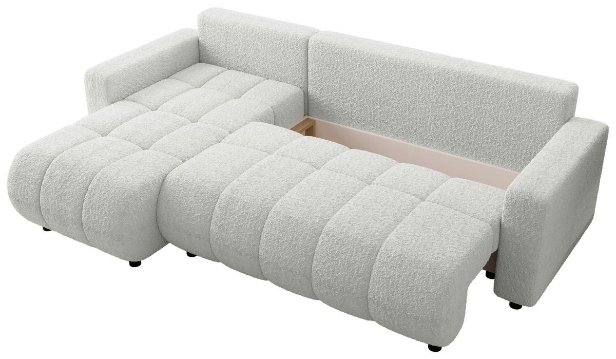 ECKSOFA Weiß Bouclé Zierkissen, Rückenkissen, Bettkasten, Schlaffunktion, Rücken echt, Liegefläche im Originalstoff  - Schwarz/Weiß, MODERN, Kunststoff/Textil (150/240cm) - Carryhome