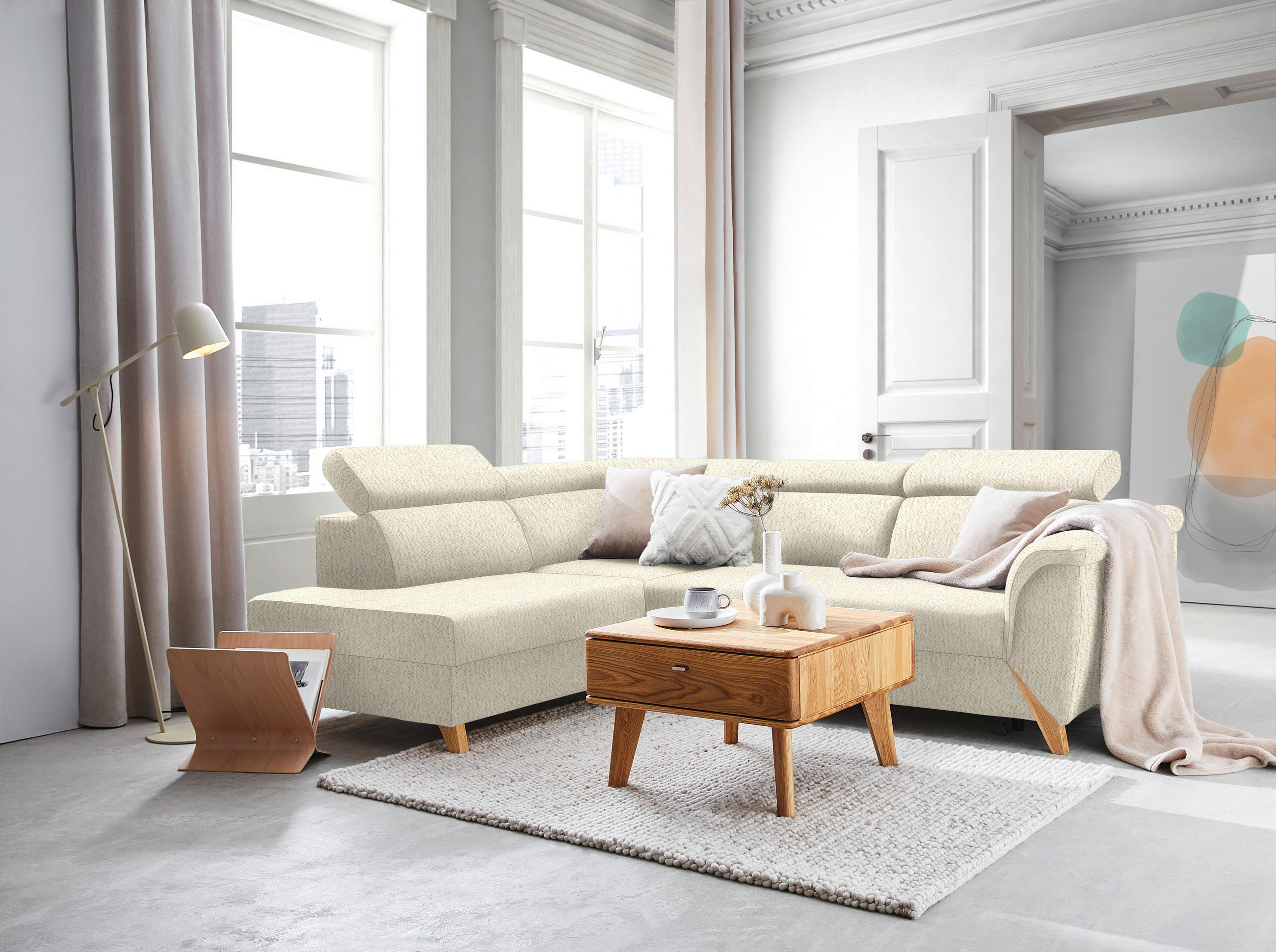 ECKSOFA in Struktur Beige  200/265 cm  - Beige/Naturfarben, KONVENTIONELL, Holz/Textil (200/265cm) - Stylife