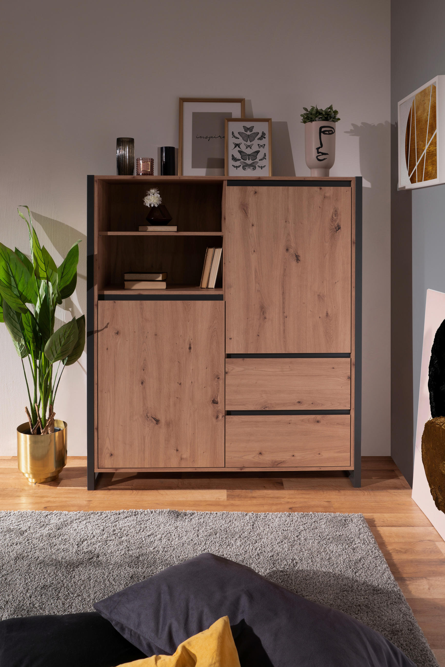 FÉLMAGAS SZEKRÉNY 120/140/40 cm  - tölgyfa/antracit, Modern, faalapú anyag (120/140/40cm) - MID.YOU