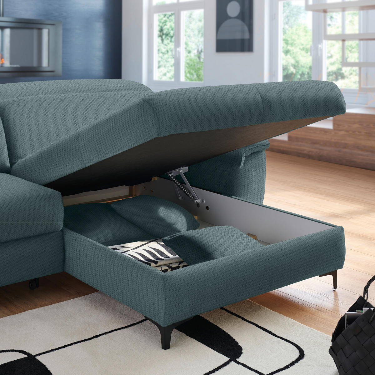 ECKSOFA in Chenille Petrol  - Petrol/Schwarz, Design, Textil/Metall (185/256cm) - Stylife