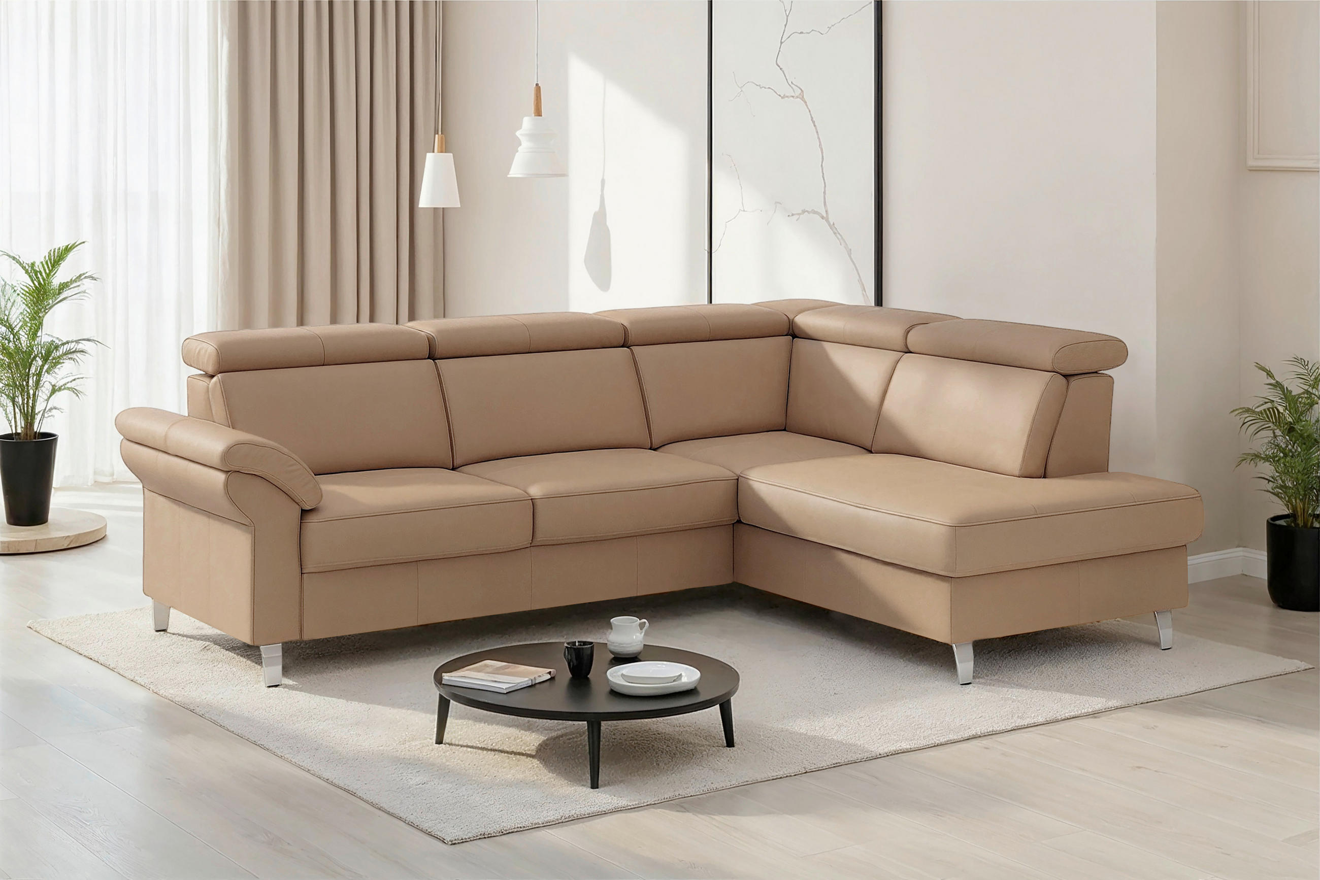 ECKSOFA 245/194 cm ARNGAST E in Echtleder Cappuccino Kopfteilverstellung  245/194 cm  - Chromfarben/Cappuccino, Basics, Leder/Textil (245/194cm) - Sit & More