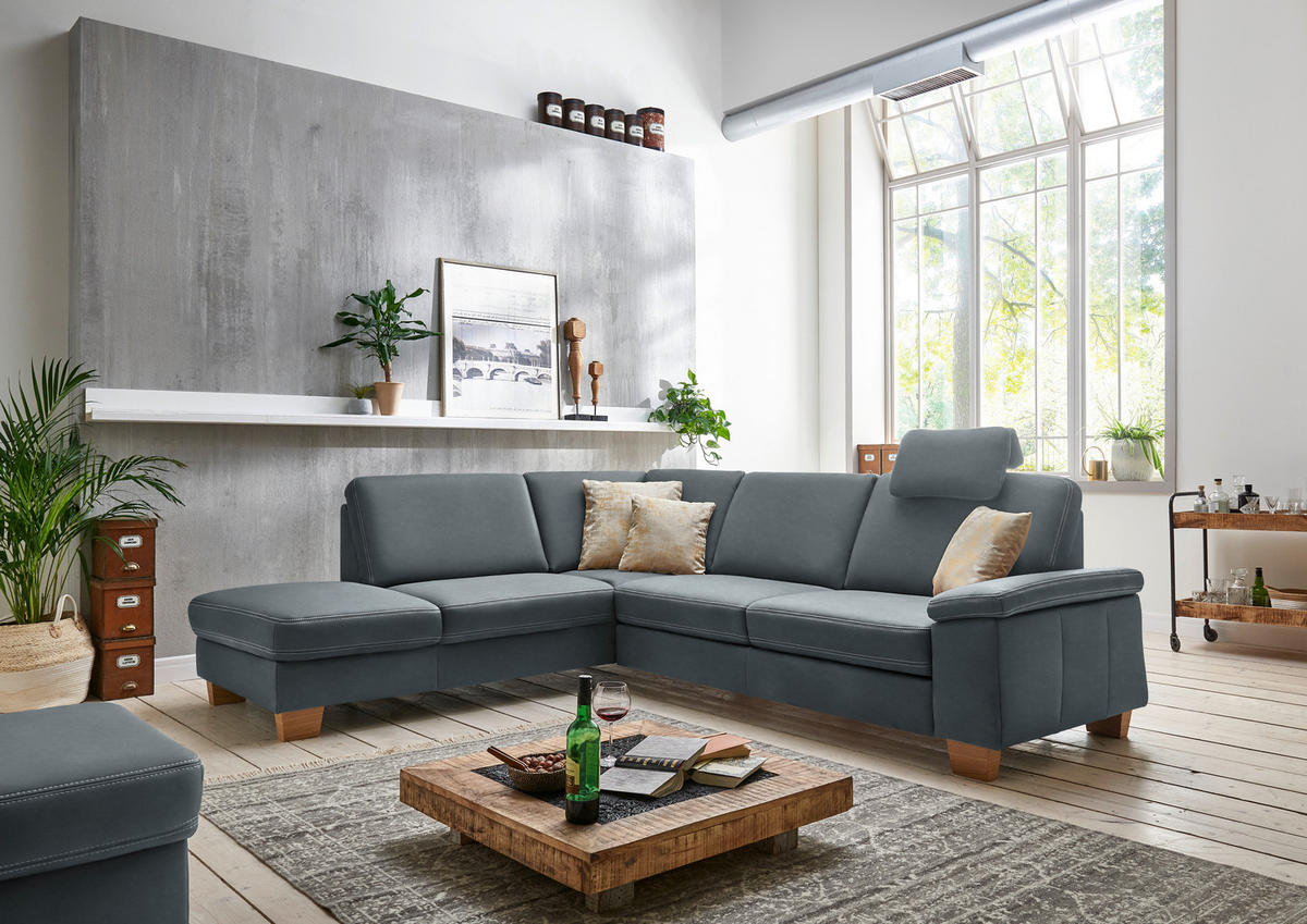 ECKSOFA  in Echtleder Blaugrau  235/274 cm  - Eichefarben/Beige, KONVENTIONELL, Leder/Holzwerkstoff (235/274cm) - Beldomo Premium