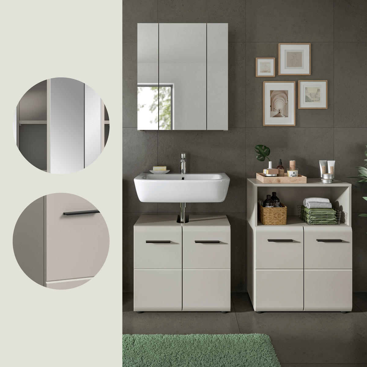 BADEZIMMER 3-teilig  in 120 cm  - Kaschmir/Schwarz, Trend, Glas/Holzwerkstoff (120cm) - MID.YOU