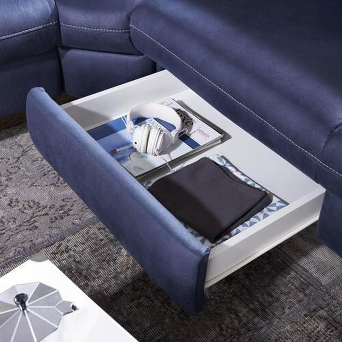 ECKSOFA Dunkelblau Flachgewebe, Mikrofaser  - Beige/Alufarben, Design, Textil/Metall (271/239cm) - Cantus