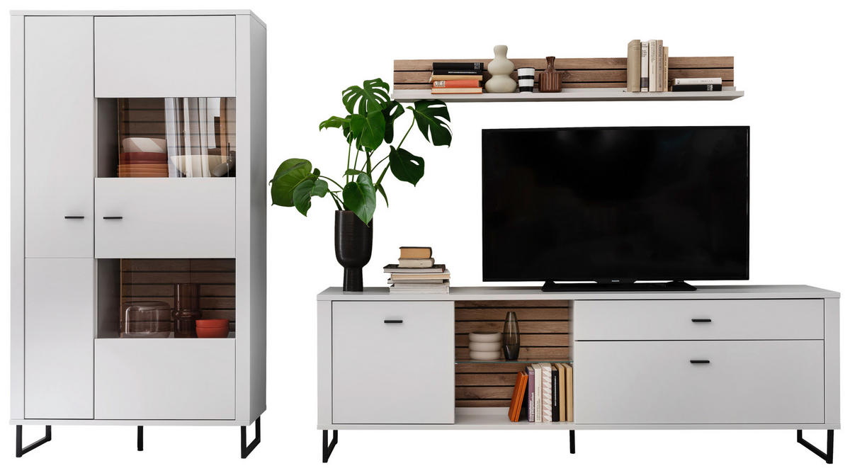 WOHNWAND  in Weiss, Eichefarben 326/185/44 cm  - Weiss/Eichefarben, Design, Glas/Holzwerkstoff (326/185/44cm) - Stylife