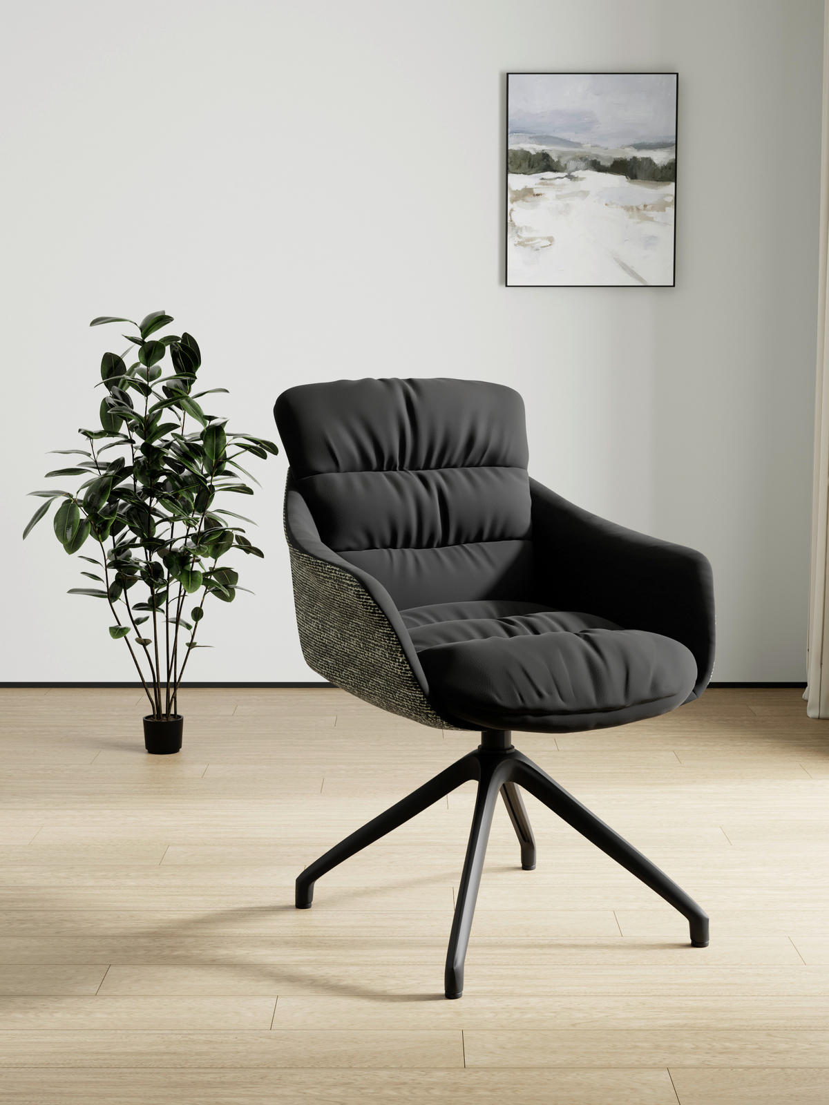 ARMLEHNSTUHL  Sitzfläche 360° drehbar, inklusive Armlehnen, automatische Rückholfunktion Webstoff Echtleder  - Schwarz, Design, Leder/Textil (62/85,5/65cm) - Dieter Knoll