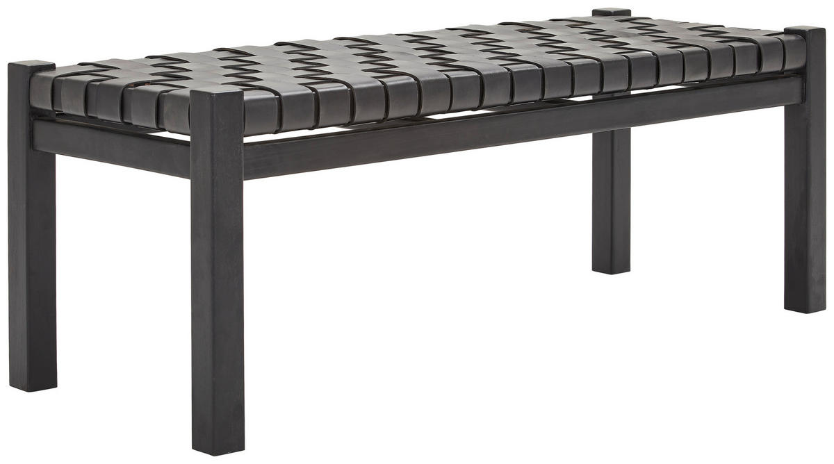 HOCKERBANK in Holz, Leder Schwarz  - Schwarz, Basics, Leder/Holz (120/45/43cm) - MID.YOU