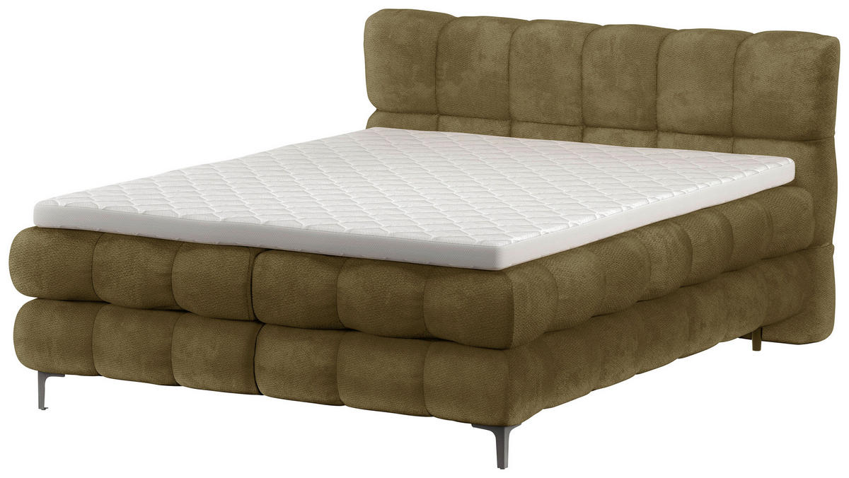 BOXBETT 160/200 cm,  in Olivgrün, gepolstertes Kopfteil, Bettkasten, Topper, H3 + H3 = fest  - Schwarz/Olivgrün, Design, Textil/Metall (160/200cm) - Ti'me