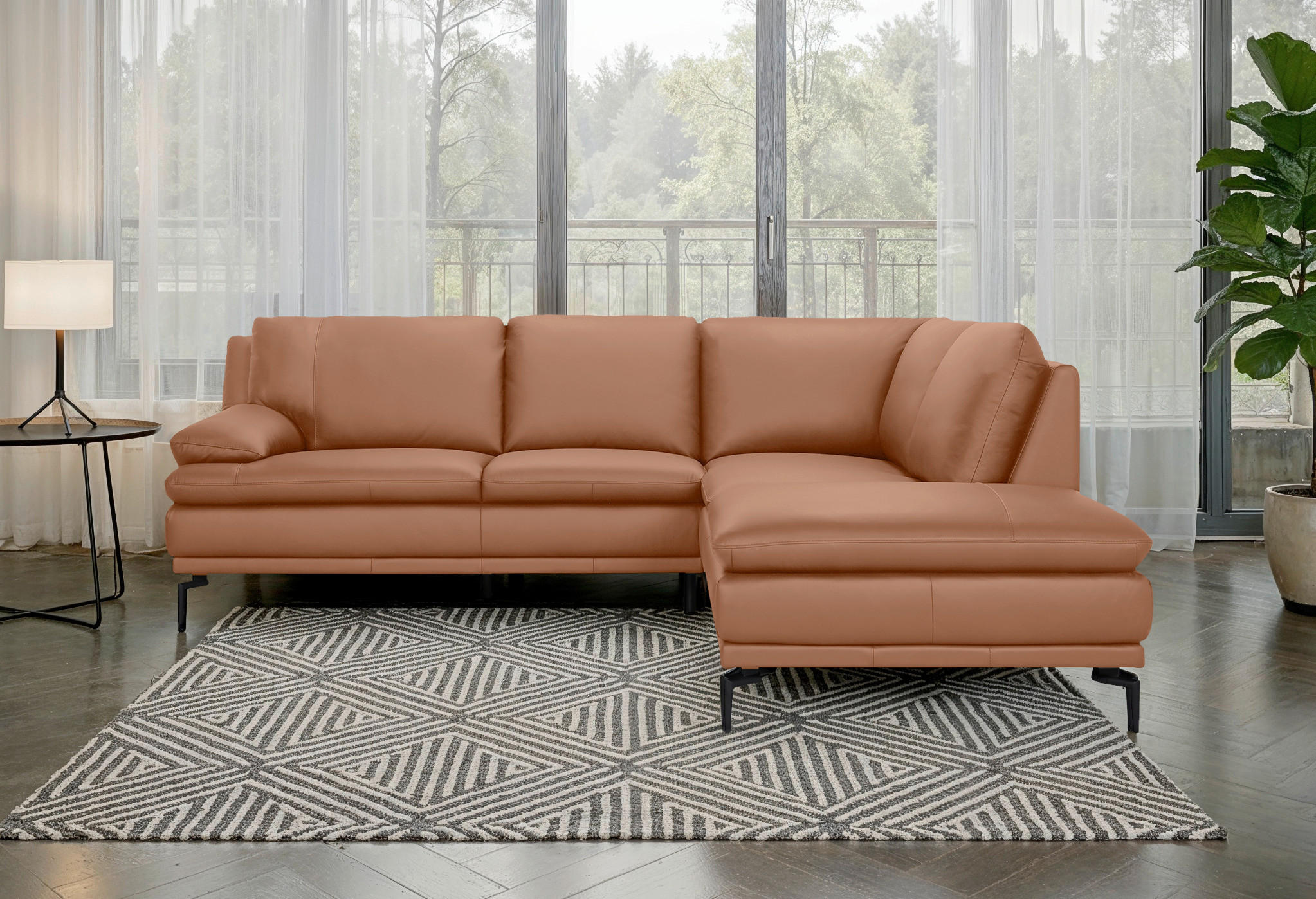 ECKSOFA  Echtleder Cognac  - Cognac/Schwarz, Design, Leder (248/221cm) - P & B