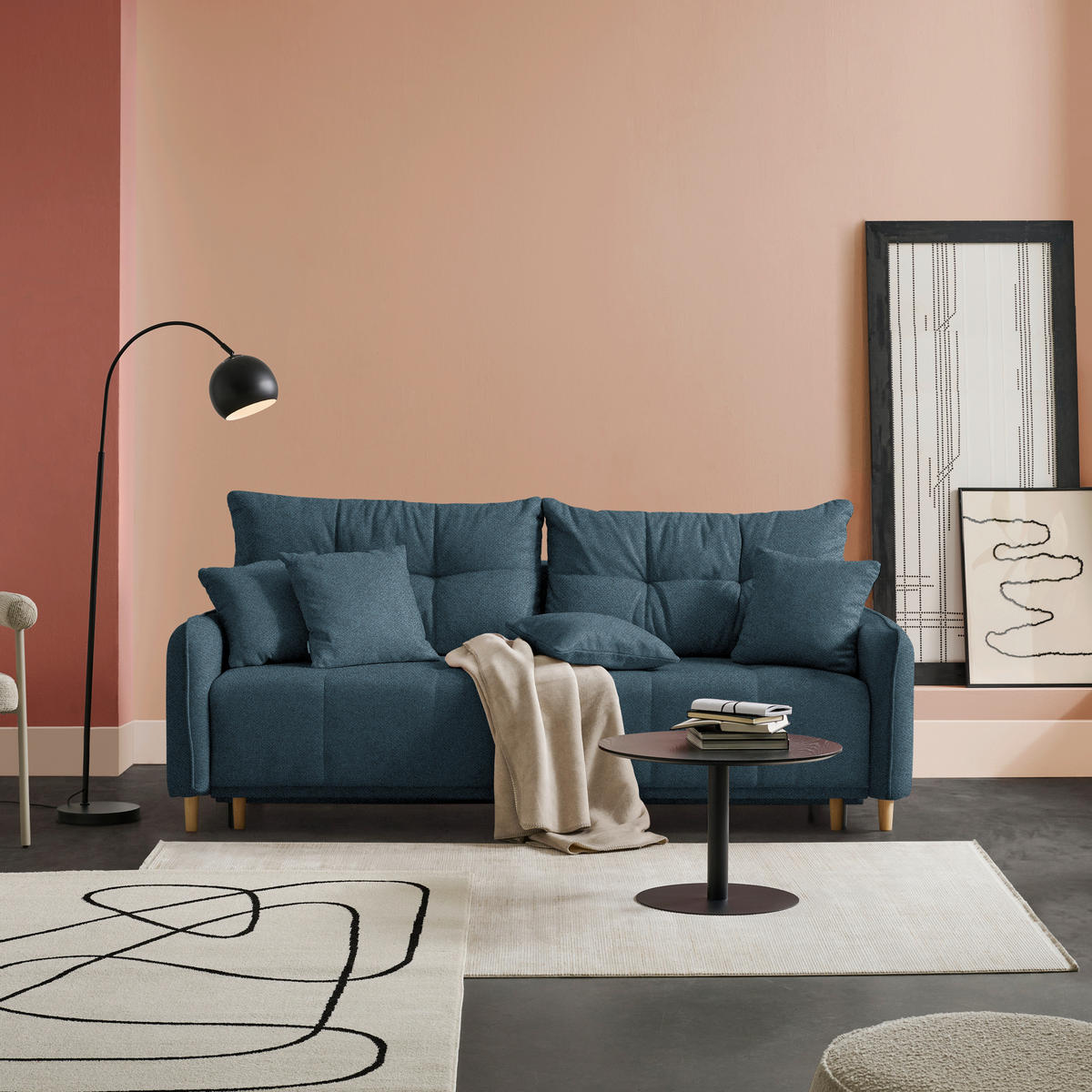 SCHLAFSOFA Struktur Blau  - Blau/Buchefarben, Design, Holz/Textil (217/97/101cm) - Carryhome