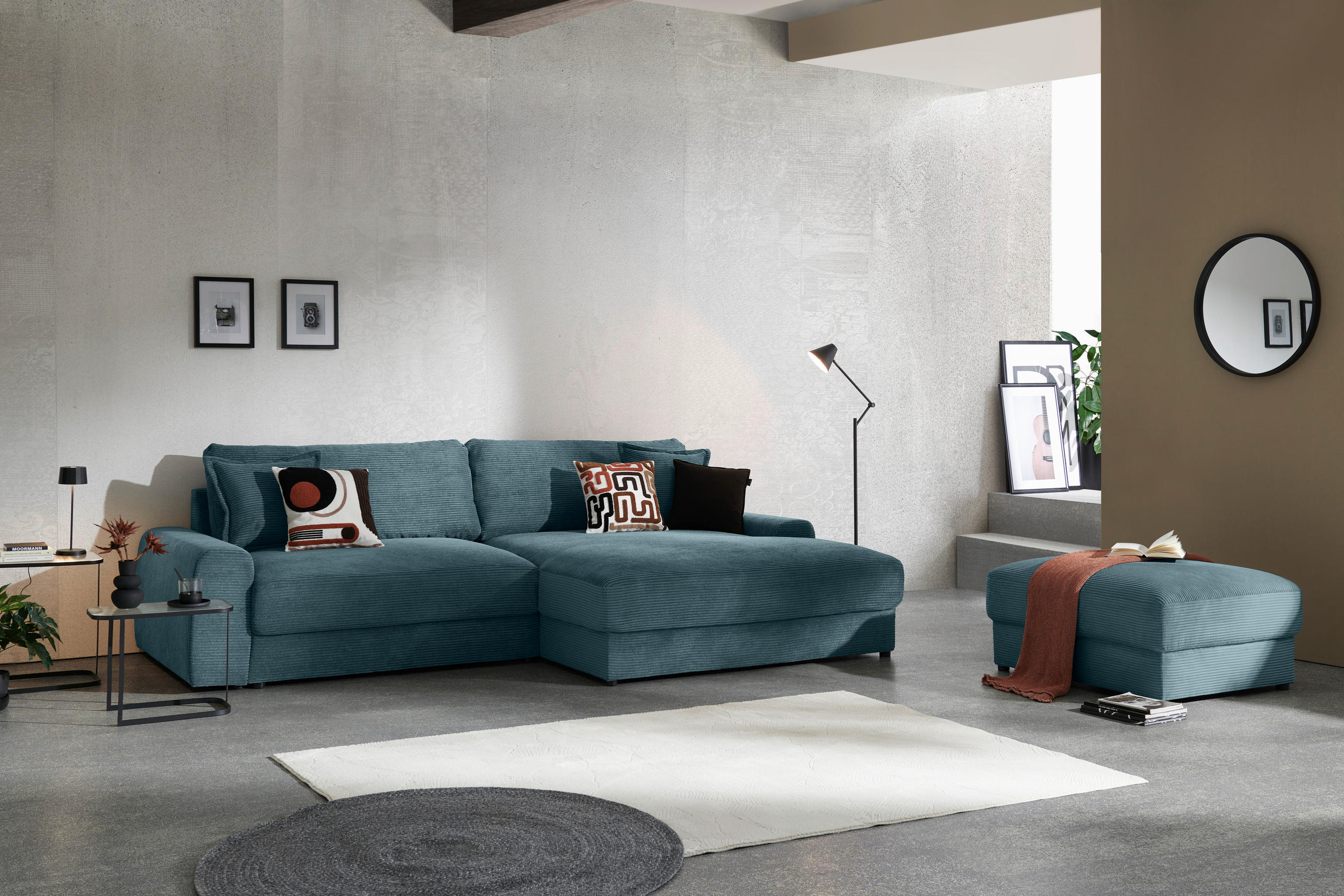 ECKSOFA Graublau Cord - Graublau/Schwarz, MODERN, Kunststoff/Textil (300/180cm) - Carryhome