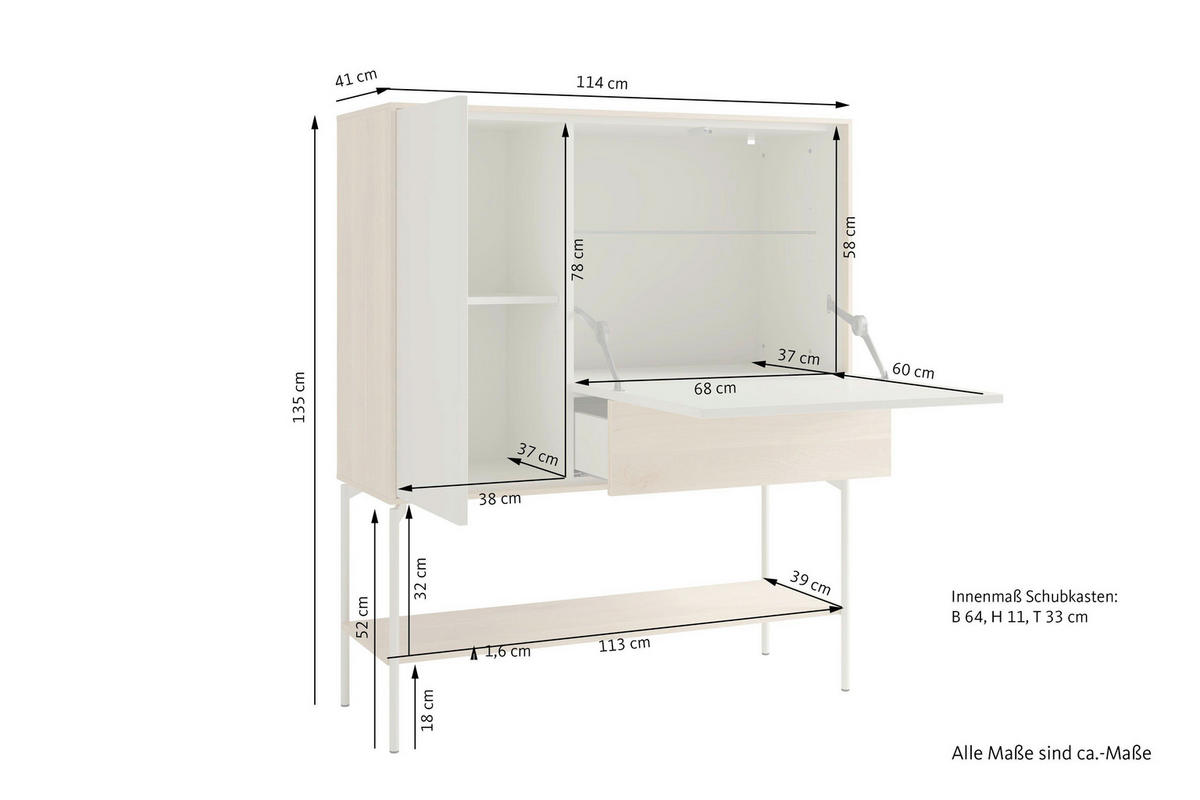 SIDEBOARD LABOE 114/135/41 cm 1 Schublade(n)  - Eiche Bianco/Seidengrau, MODERN, Glas/Holzwerkstoff (114/135/41cm) - Schöner Wohnen