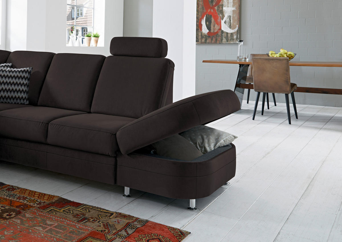 ECKSOFA in Flachgewebe Dunkelbraun  - Dunkelbraun/Alufarben, Konventionell, Textil/Metall (269/287cm) - Beldomo System