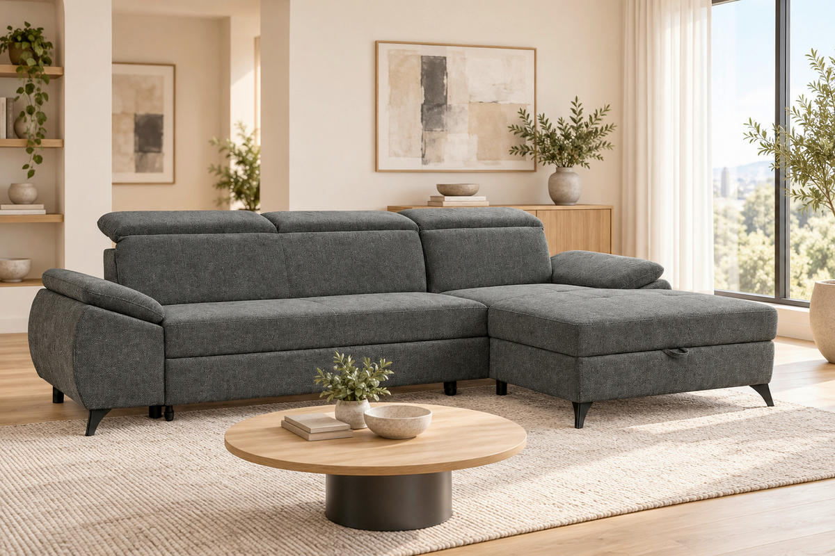 ECKSOFA  Struktur Dunkelgrau  - Dunkelgrau/Schwarz, Basics, Holz/Holzwerkstoff (281/166cm) - MID.YOU