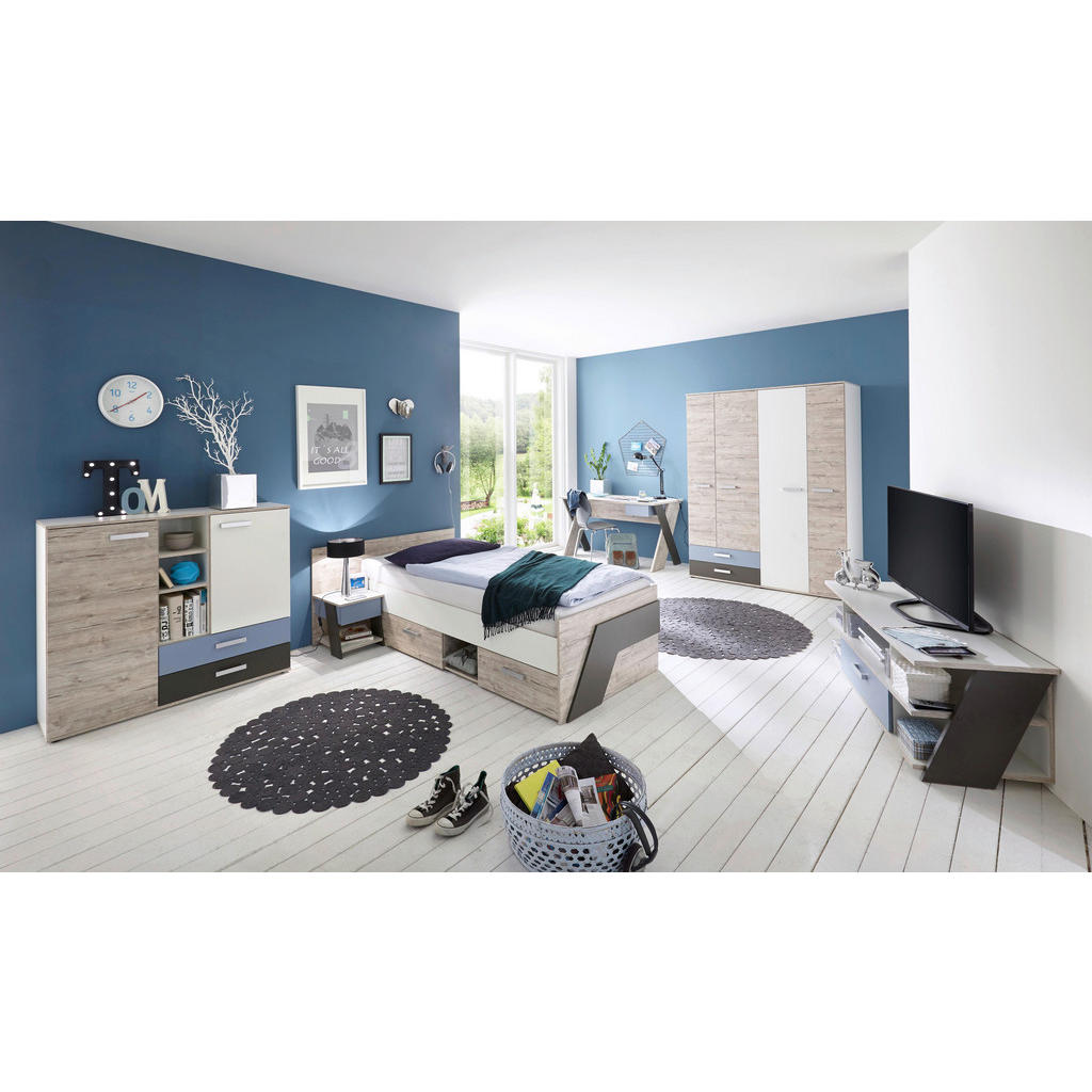 Thumbnail - Mid.you Drehtürenschrank FMD Nona 9, Braun, Weiß, Hellgrau, Hellblau, Kunststoff, 5 Fächer, 2 Schubladen, 150x194x60 cm...